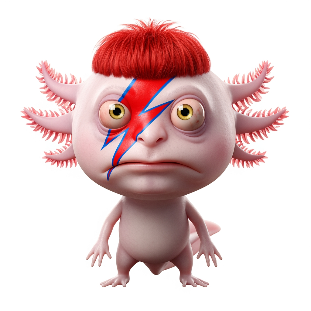 AI Design for Caricatura digital 3D un Ajolote albino caracterizado como David Bowie, en la foto de la portada del disco Aladdin Sane. Rasgos faciales altamente exagerados (ojos saltones, mandíbula caída). Renderizado estilo Pixar pero con proporciones grotescas. Fondo Blanco. Estilo humorístico y expresivo.