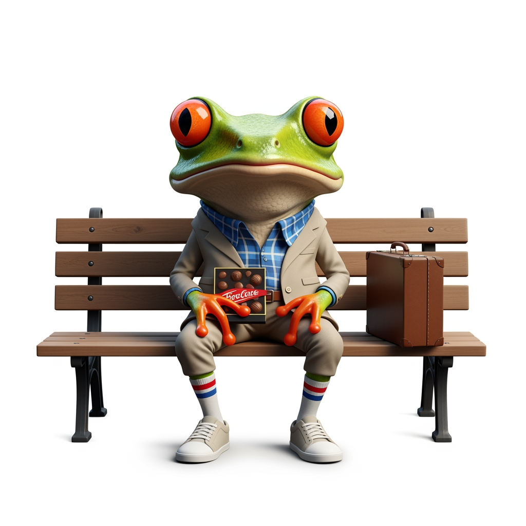 AI Design for Caricatura digital 3D una agalychnis callidryas caracterizada como Forrest Gump (Traje beige, camisa de cuadros blanca y azul, zapatillas deportivas blancas, calcetines blancos con una franja horizontal roja y otra azul) sentado en el banco que aparece en la película, con una caja de bombones en su regazo y la maleta junto a él. Rasgos faciales altamente exagerados (ojos saltones, mandíbula caída). Renderizado estilo Pixar pero con proporciones grotescas. Fondo Blanco. Estilo humorístico y expresivo.