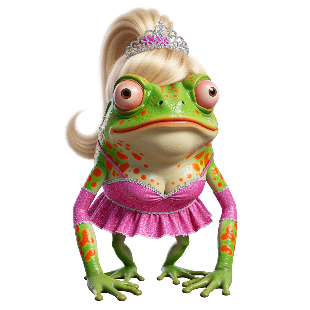 AI Design for Caricatura digital 3D un Bombina orientalis caracterizado como Barbie. Rasgos faciales altamente exagerados (ojos saltones, mandíbula caída). Renderizado estilo Pixar pero con proporciones grotescas. Fondo Blanco. Estilo humorístico y expresivo.