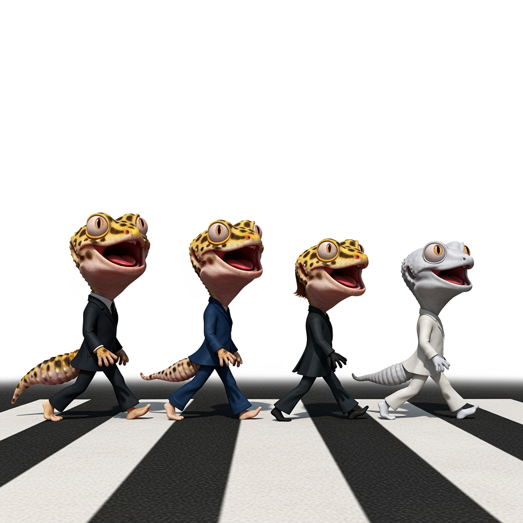 AI Design for Caricatura digital 3D cuatro Eublepharis macularius caracterizados como The Beatles cruzando el paso de cebra.  Rasgos faciales altamente exagerados (ojos saltones, mandíbula caída). Renderizado estilo Pixar pero con proporciones grotescas. Fondo Blanco. Estilo humorístico y expresivo.
