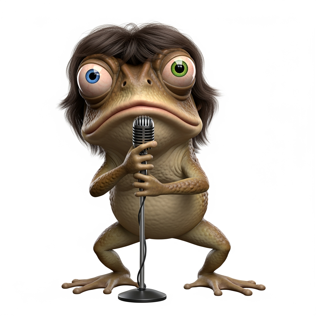 AI Design for Caricatura digital 3D un Rhinella marina caracterizado como Mick Jagger. Debe tener un ojo de cada color. Rasgos faciales altamente exagerados (ojos saltones, mandíbula caída). Renderizado estilo Pixar pero con proporciones grotescas. Fondo Blanco. Estilo humorístico y expresivo.