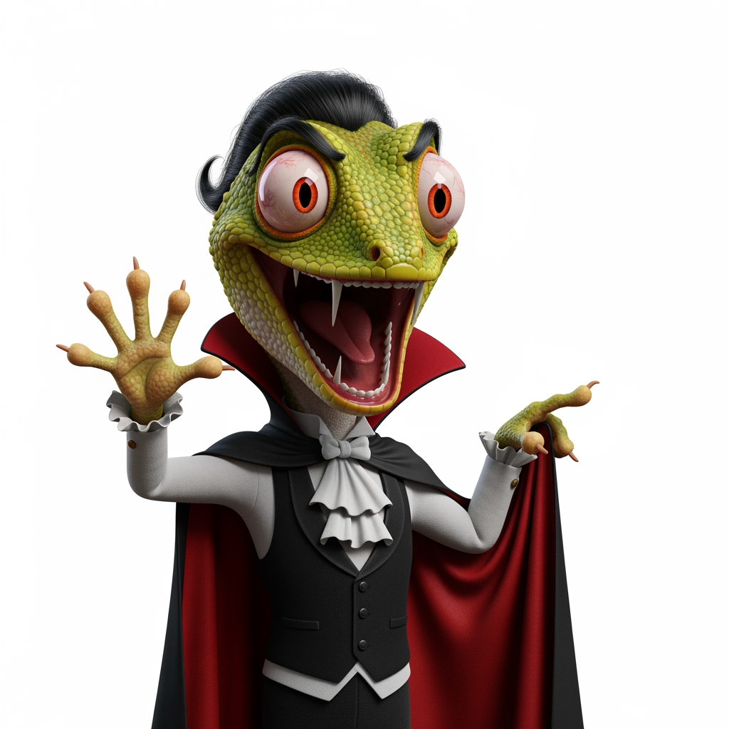 AI Design for Caricatura digital 3D un Phelsuma madagascariensis grandis caracterizado como Diego de la Vega, el Zorro (Sombrero: Un sombrero cordobés o de ala ancha, rígido y de copa plana, completamente negro.Máscara: Un antifaz negro que cubre solo el área alrededor de los ojos, diseñado para ocultar su identidad secreta.Capa: Una capa larga y fluida también de color negro, que utiliza para cubrirse, camuflarse en las sombras o realizar movimientos elegantes y de distracción.Traje: Viste una camisa holgada, pantalones oscuros y una faja en la cintura, todo en tonalidades negras o muy oscuras.Botas: Botas altas de montar en color negro, elaboradas en cuero resistente.). Rasgos faciales altamente exagerados (ojos saltones, mandíbula caída). Renderizado estilo Pixar pero con proporciones grotescas. Fondo Blanco. Estilo humorístico y expresivo.
 el Conde Drácula
