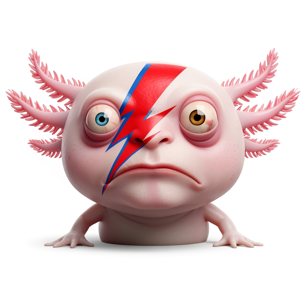 AI Design for Caricatura digital 3D un Ajolote albino caracterizado como David Bowie, en la foto de la portada del disco Aladdin Sane. Debe tener un ojo de cada color. Rasgos faciales altamente exagerados (ojos saltones, mandíbula caída). Renderizado estilo Pixar pero con proporciones grotescas. Fondo Blanco. Estilo humorístico y expresivo.