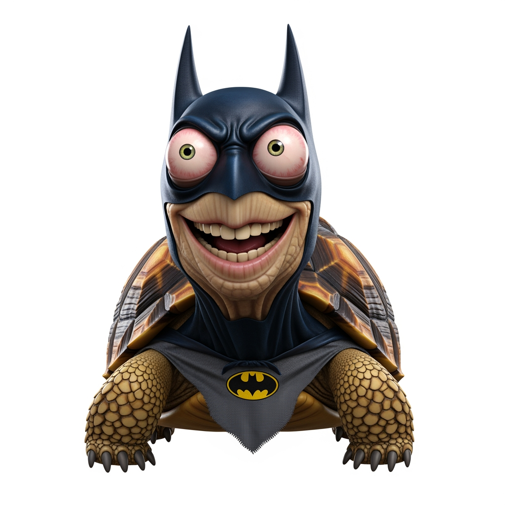 AI Design for Caricatura digital 3D una Geochelone elegans caracterizado como Batman. Rasgos faciales altamente exagerados (ojos saltones, mandíbula caída). Renderizado estilo Pixar pero con proporciones grotescas. Fondo Blanco. Estilo humorístico y expresivo.