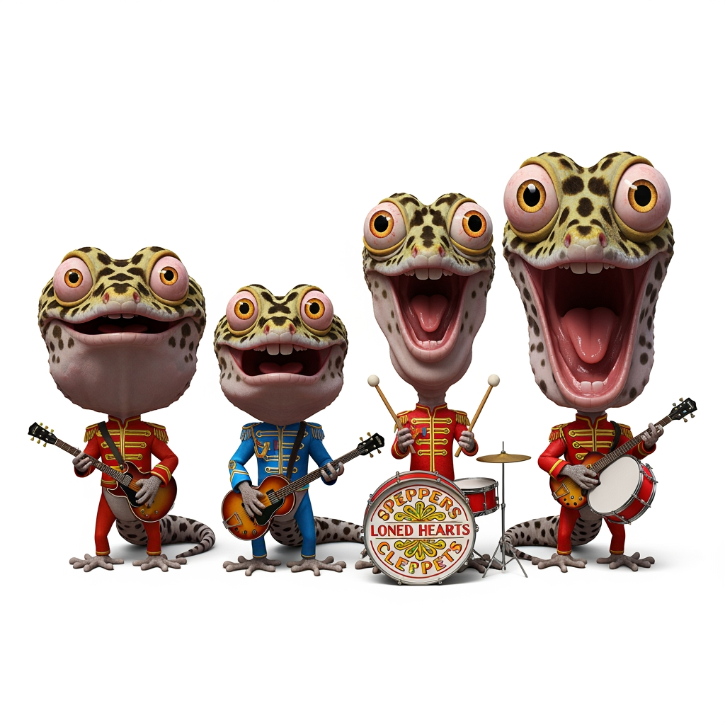 AI Design for Caricatura digital 3D cuatro Eublepharis macularius caracterizados como The Beatles con sus trajes de Sgt. Pepper's.  Rasgos faciales altamente exagerados (ojos saltones, mandíbula caída). Renderizado estilo Pixar pero con proporciones grotescas. Fondo Blanco. Estilo humorístico y expresivo.