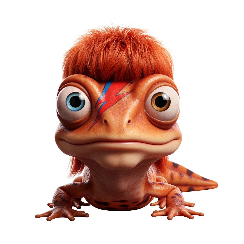 AI Design for Caricatura digital 3D un Cynops orientalis caracterizado como David Bowie, debe tener un ojo de cada color. Rasgos faciales altamente exagerados (ojos saltones, mandíbula caída). Renderizado estilo Pixar pero con proporciones grotescas. Fondo Blanco. Estilo humorístico y expresivo.