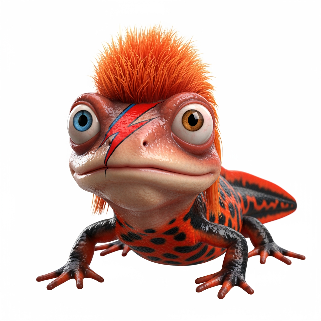 AI Design for Caricatura digital 3D un Cynops orientalis caracterizado como David Bowie, debe tener un ojo de cada color. Rasgos faciales altamente exagerados (ojos saltones, mandíbula caída). Renderizado estilo Pixar pero con proporciones grotescas. Fondo Blanco. Estilo humorístico y expresivo.