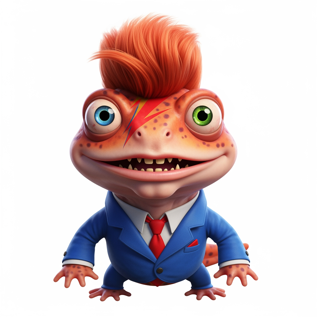 AI Design for Caricatura digital 3D un Cynops orientalis caracterizado como David Bowie, debe tener un ojo de cada color. Rasgos faciales altamente exagerados (ojos saltones, mandíbula caída). Renderizado estilo Pixar pero con proporciones grotescas. Fondo Blanco. Estilo humorístico y expresivo.