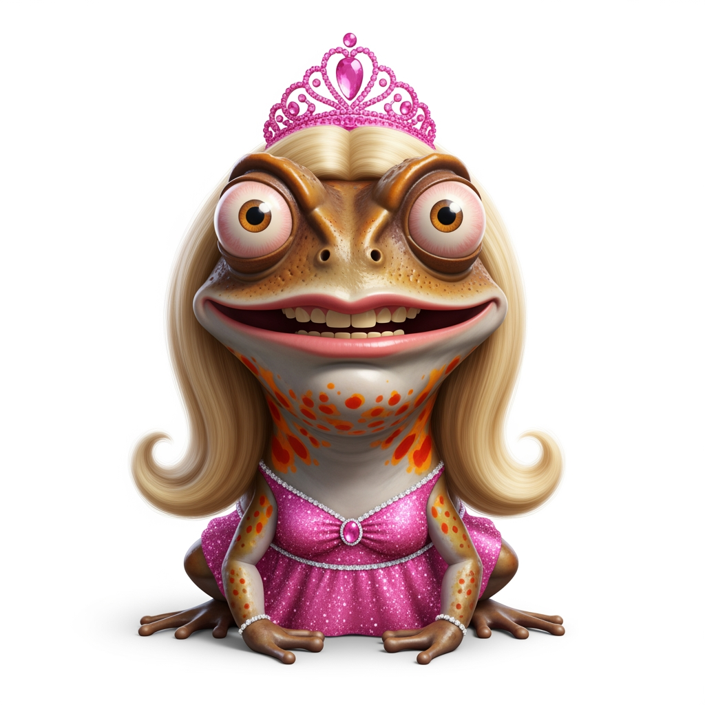 AI Design for Caricatura digital 3D un Bombina orientalis caracterizado como Barbie. Rasgos faciales altamente exagerados (ojos saltones, mandíbula caída). Renderizado estilo Pixar pero con proporciones grotescas. Fondo Blanco. Estilo humorístico y expresivo.