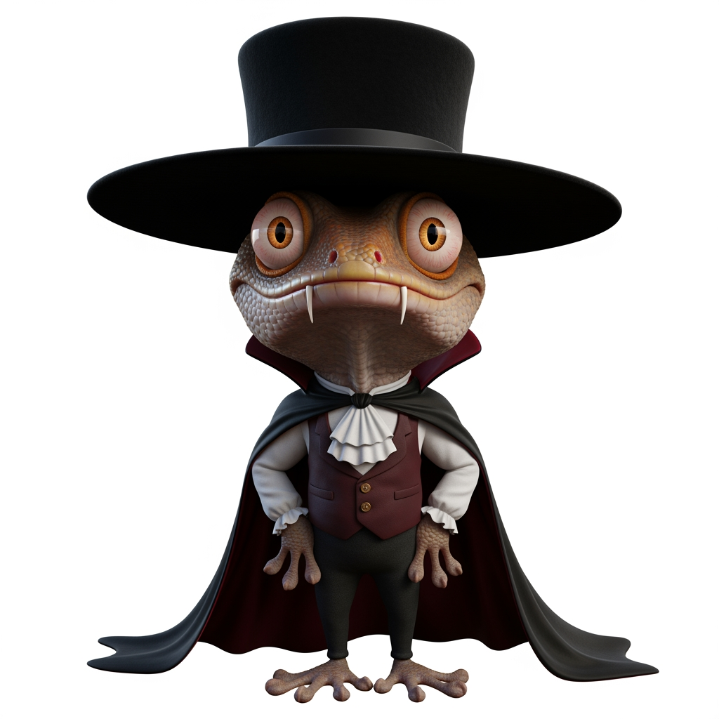 AI Design for Caricatura digital 3D un Phelsuma madagascariensis grandis caracterizado como Diego de la Vega, el Zorro (Sombrero: Un sombrero cordobés o de ala ancha, rígido y de copa plana, completamente negro.Máscara: Un antifaz negro que cubre solo el área alrededor de los ojos, diseñado para ocultar su identidad secreta.Capa: Una capa larga y fluida también de color negro, que utiliza para cubrirse, camuflarse en las sombras o realizar movimientos elegantes y de distracción.Traje: Viste una camisa holgada, pantalones oscuros y una faja en la cintura, todo en tonalidades negras o muy oscuras.Botas: Botas altas de montar en color negro, elaboradas en cuero resistente.). Rasgos faciales altamente exagerados (ojos saltones, mandíbula caída). Renderizado estilo Pixar pero con proporciones grotescas. Fondo Blanco. Estilo humorístico y expresivo.
 el Conde Drácula