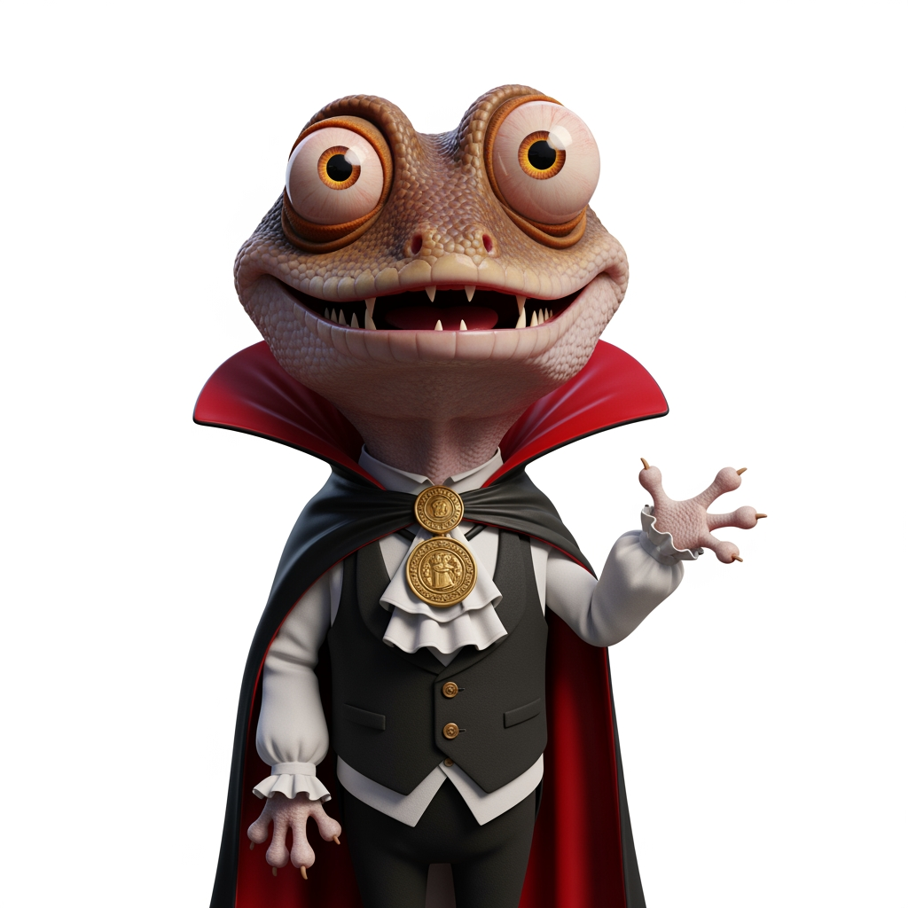 AI Design for Caricatura digital 3D un Phelsuma madagascariensis grandis caracterizado como Diego de la Vega, el Zorro (Sombrero: Un sombrero cordobés o de ala ancha, rígido y de copa plana, completamente negro.Máscara: Un antifaz negro que cubre solo el área alrededor de los ojos, diseñado para ocultar su identidad secreta.Capa: Una capa larga y fluida también de color negro, que utiliza para cubrirse, camuflarse en las sombras o realizar movimientos elegantes y de distracción.Traje: Viste una camisa holgada, pantalones oscuros y una faja en la cintura, todo en tonalidades negras o muy oscuras.Botas: Botas altas de montar en color negro, elaboradas en cuero resistente.). Rasgos faciales altamente exagerados (ojos saltones, mandíbula caída). Renderizado estilo Pixar pero con proporciones grotescas. Fondo Blanco. Estilo humorístico y expresivo.
 el Conde Drácula