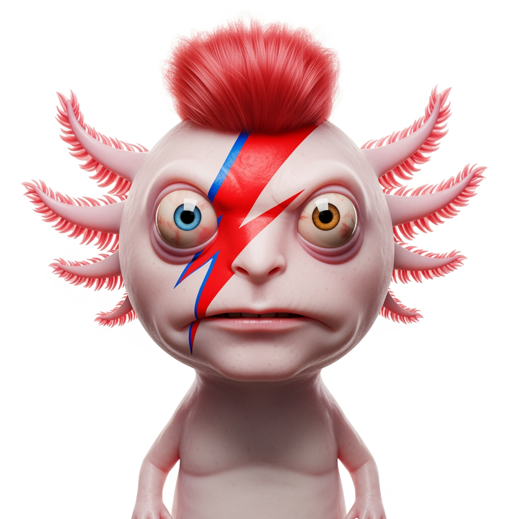 AI Design for Caricatura digital 3D un Ajolote albino caracterizado como David Bowie, en la foto de la portada del disco Aladdin Sane. Debe tener un ojo de cada color. Rasgos faciales altamente exagerados (ojos saltones, mandíbula caída). Renderizado estilo Pixar pero con proporciones grotescas. Fondo Blanco. Estilo humorístico y expresivo.