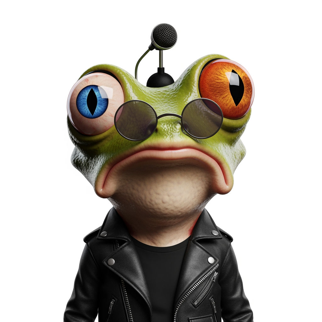 AI Design for Caricatura digital 3D un Agalychnis callidryas caracterizado como Bono de U2. Debe tener un ojo de cada color. Rasgos faciales altamente exagerados (ojos saltones, mandíbula caída). Renderizado estilo Pixar pero con proporciones grotescas. Fondo Blanco. Estilo humorístico y expresivo.