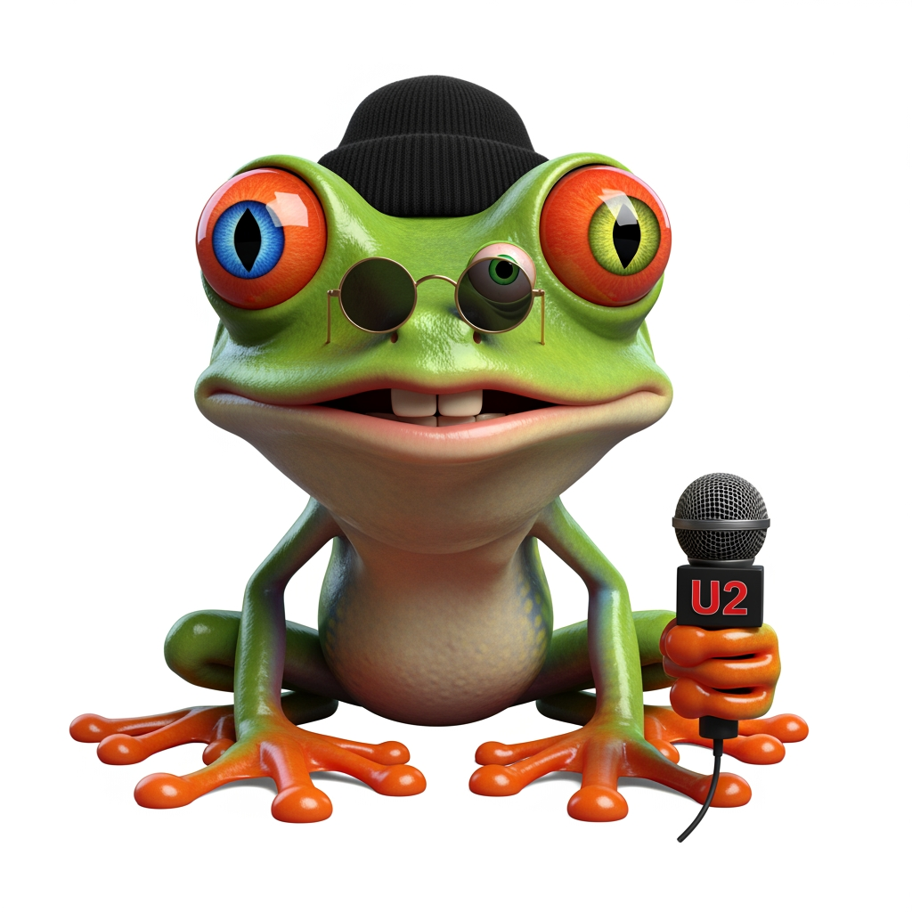 AI Design for Caricatura digital 3D un Agalychnis callidryas caracterizado como Bono de U2. Debe tener un ojo de cada color. Rasgos faciales altamente exagerados (ojos saltones, mandíbula caída). Renderizado estilo Pixar pero con proporciones grotescas. Fondo Blanco. Estilo humorístico y expresivo.