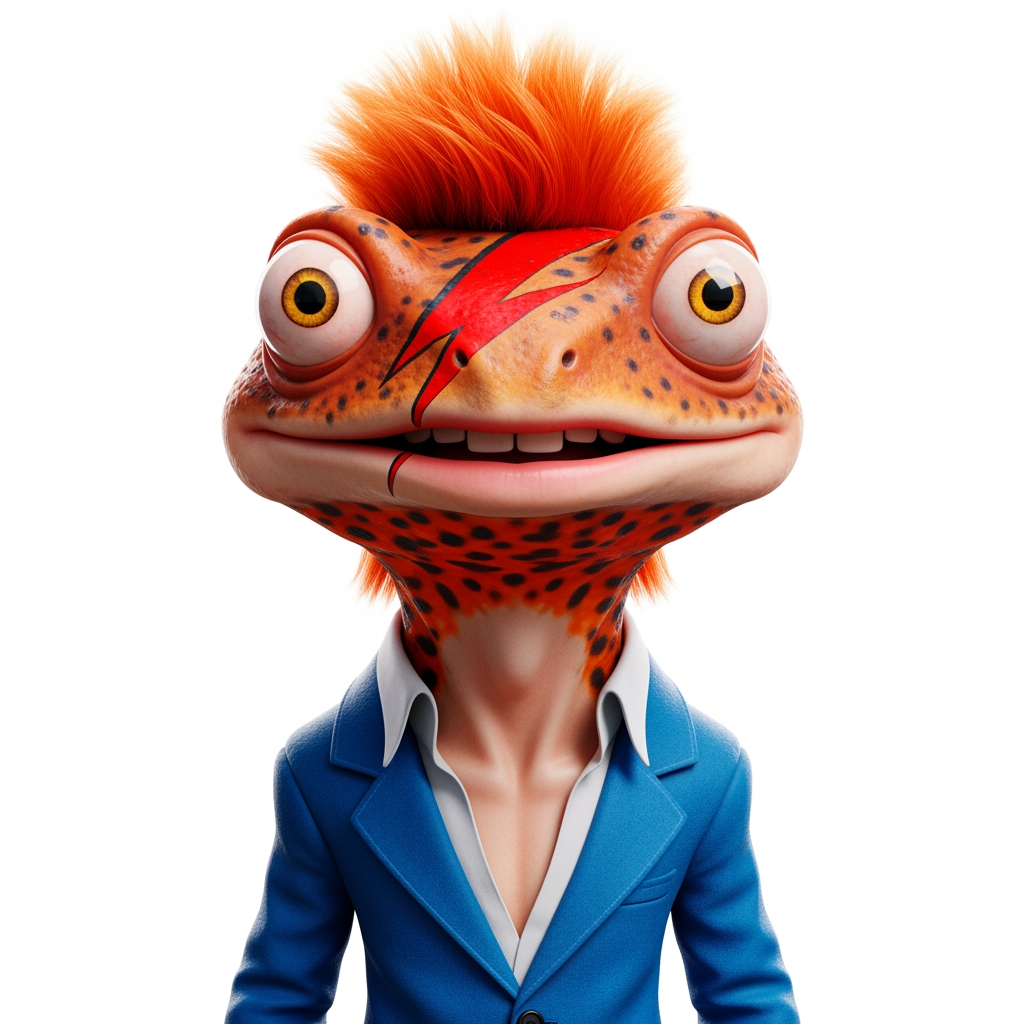 AI Design for Caricatura digital 3D un Cynops orientalis caracterizado como David bowie. Rasgos faciales altamente exagerados (ojos saltones, mandíbula caída). Renderizado estilo Pixar pero con proporciones grotescas. Fondo Blanco. Estilo humorístico y expresivo.