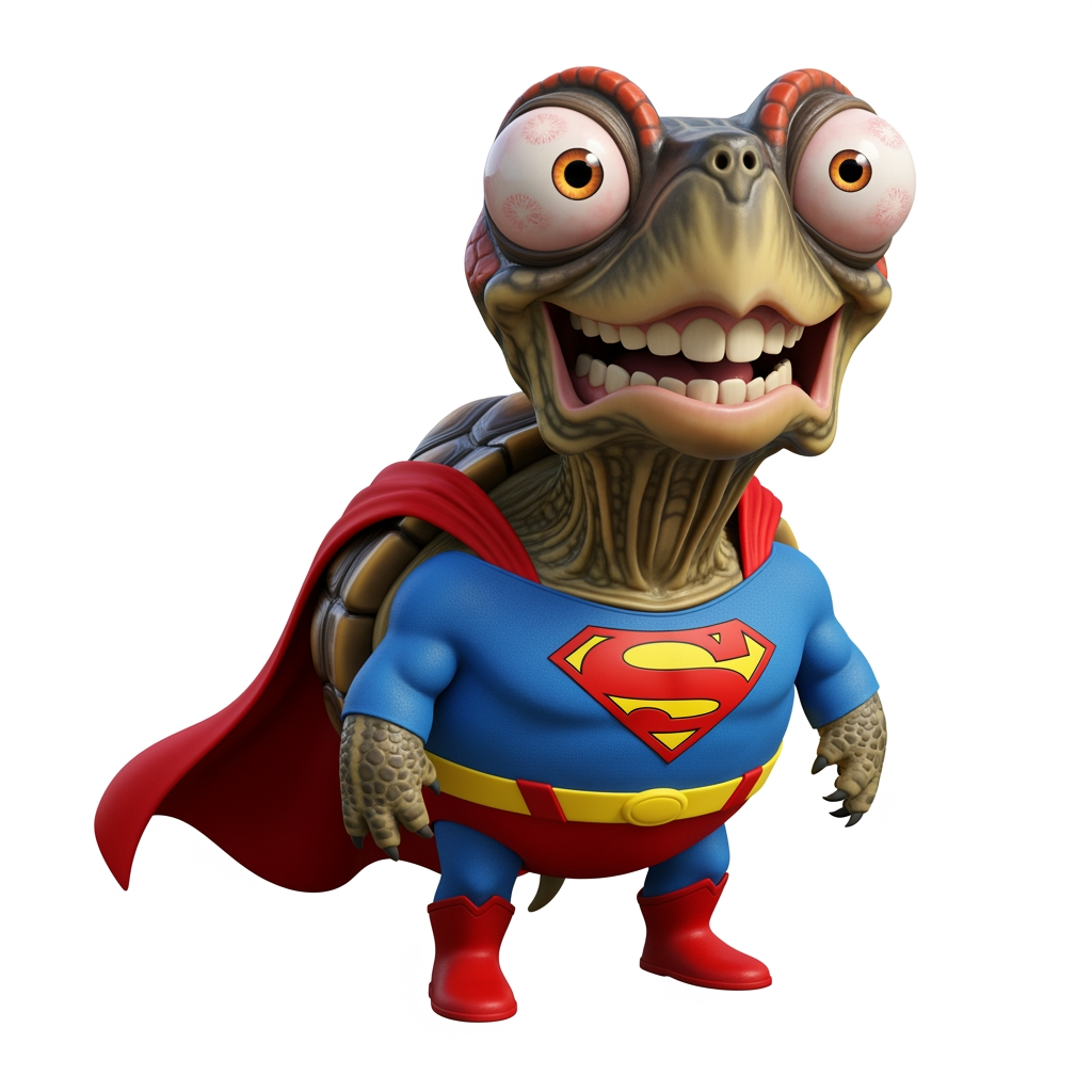 AI Design for Caricatura digital 3D una Trachemys scripta elegans caracterizado como Superman. Rasgos faciales altamente exagerados (ojos saltones, mandíbula caída). Renderizado estilo Pixar pero con proporciones grotescas. Fondo Blanco. Estilo humorístico y expresivo.