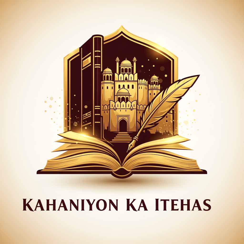 AI Design for Create a premium YouTube logo for "Kahaniyon Ka Itihas". Design a majestic golden emblem featuring an ancient open book merged with a historical fort silhouette and a vintage quill pen. Add subtle glowing effects, royal gold and deep maroon color palette, cinematic lighting, intricate historical details, elegant Hindi-inspired typography, professional branding style, highly detailed, modern yet historical look, vector quality, clean background, YouTube channel logo, 4K resolution.