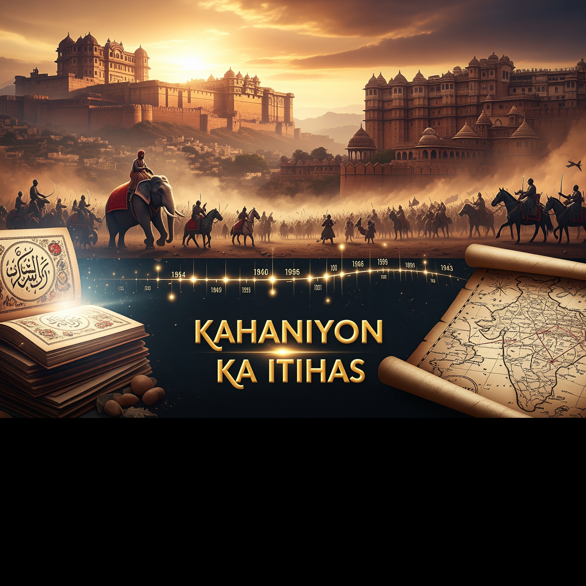 AI Design for Create a cinematic YouTube banner for the channel "Kahaniyon Ka Itihas". Showcase a grand historical landscape featuring ancient Indian forts, royal palaces, battle scenes, old manuscripts, maps, and a glowing timeline of history. Place the channel name "Kahaniyon Ka Itihas" prominently in the center with luxurious golden typography. Use dramatic lighting, rich maroon, black, and gold colors, epic storytelling atmosphere, ultra-detailed artwork, historical documentary style, professional YouTube branding, high contrast, 16:9 aspect ratio, 4K quality, visually stunning and engaging.