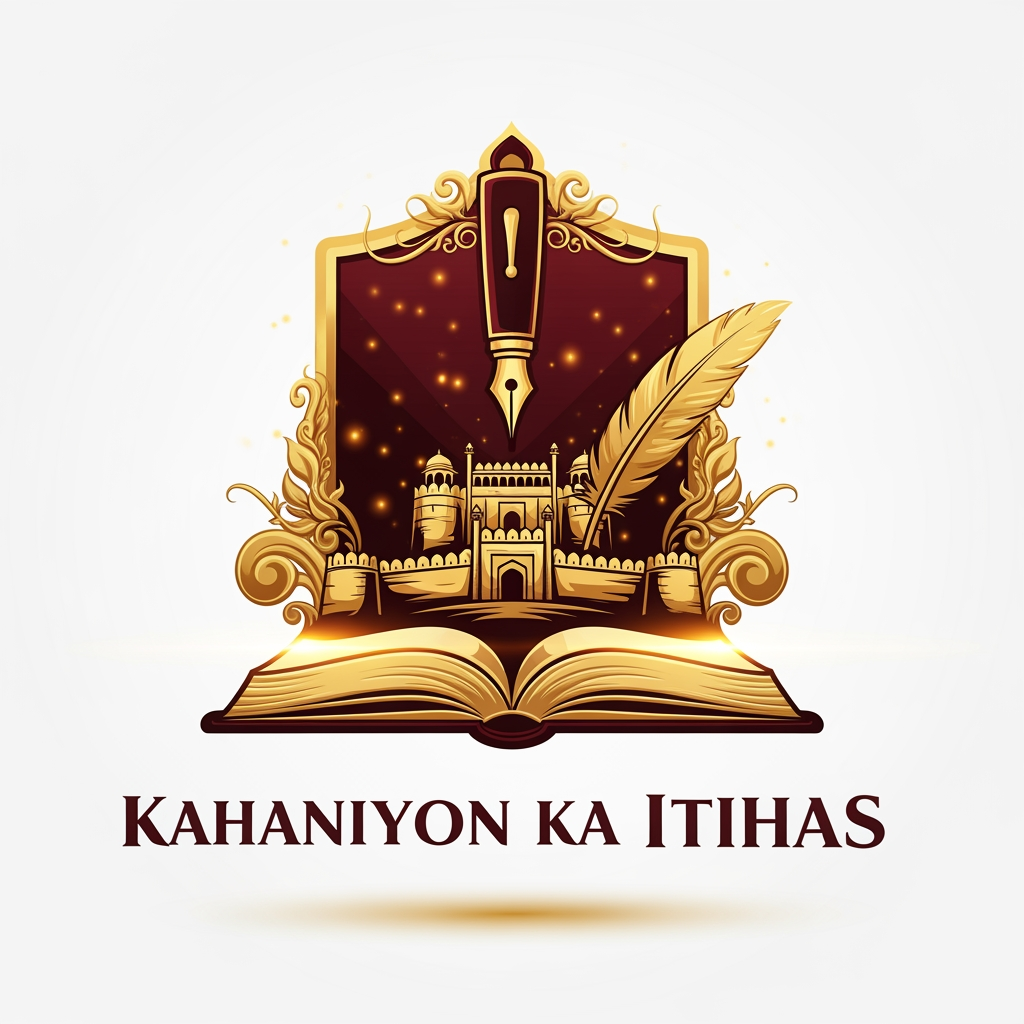 AI Design for Create a premium YouTube logo for "Kahaniyon Ka Itihas". Design a majestic golden emblem featuring an ancient open book merged with a historical fort silhouette and a vintage quill pen. Add subtle glowing effects, royal gold and deep maroon color palette, cinematic lighting, intricate historical details, elegant Hindi-inspired typography, professional branding style, highly detailed, modern yet historical look, vector quality, clean background, YouTube channel logo, 4K resolution.