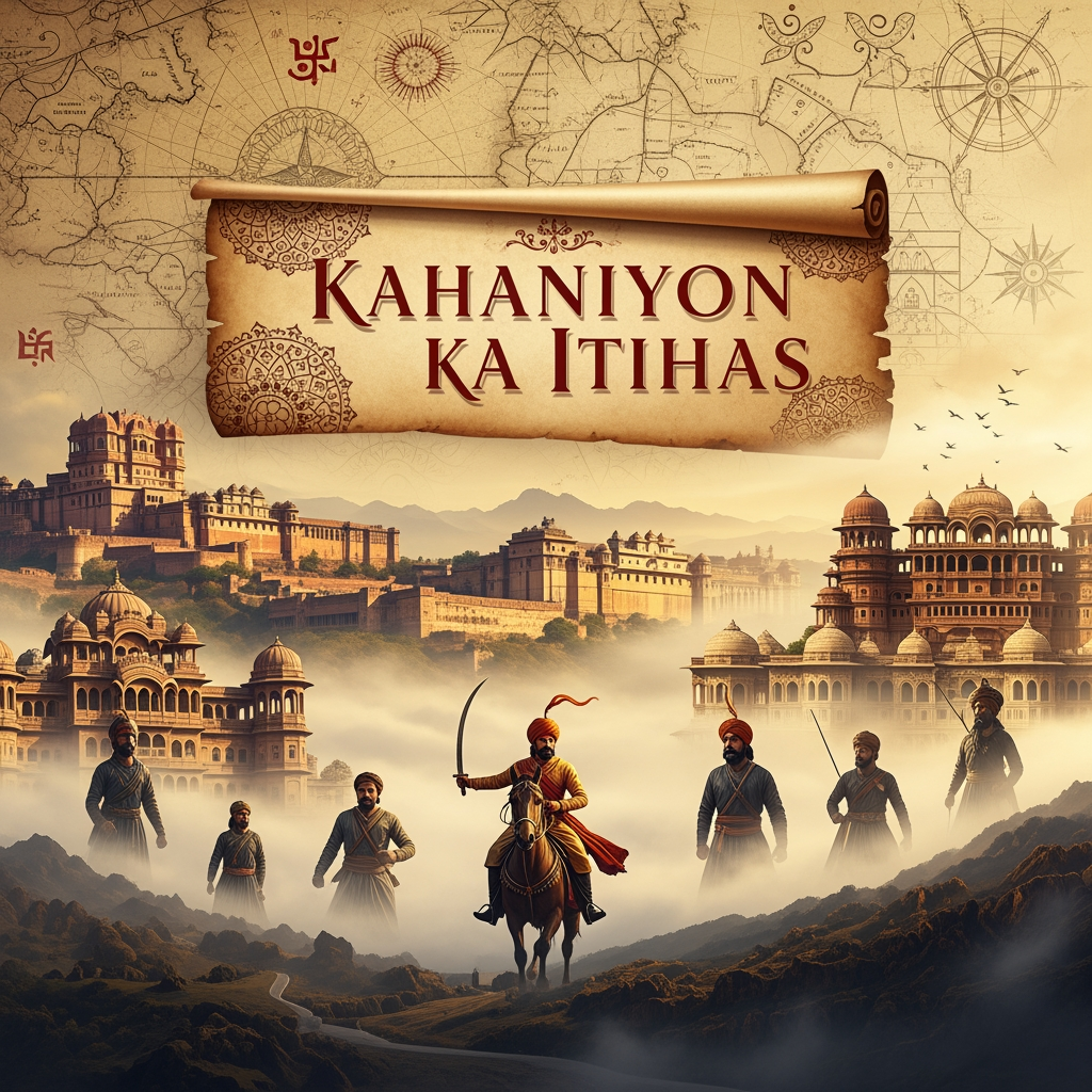 AI Design for Create a premium cinematic YouTube banner for the channel "Kahaniyon Ka Itihas" (Banner Size: 2560 × 1440 pixels, Aspect Ratio 16:9). Design an epic historical scene featuring majestic ancient Indian forts, royal palaces, old manuscripts, vintage maps, legendary warriors, kings, and historical landmarks emerging from a dramatic golden mist. Place the channel name "Kahaniyon Ka Itihas" prominently in the center safe area (1546 × 423 pixels) using luxurious royal gold typography with intricate historical detailing.

Use a rich color palette of black, deep maroon, antique gold, and bronze. Add cinematic lighting, glowing particles, parchment textures, ancient symbols, and subtle storytelling elements that represent the journey of history through time. The overall atmosphere should feel mysterious, powerful, educational, and premium, similar to a high-budget historical documentary. Ultra-detailed, professional YouTube branding, sharp focus, high contrast, realistic digital artwork, 4K quality, masterpiece, visually stunning, clean composition, no watermark, no clutter.