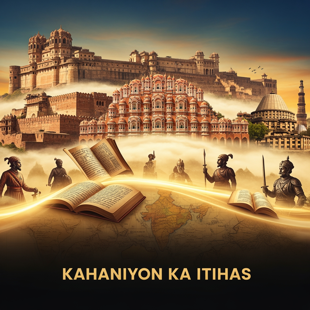 AI Design for Create a premium cinematic YouTube banner for the channel "Kahaniyon Ka Itihas" (Banner Size: 2560 × 1440 pixels, Aspect Ratio 16:9). Design an epic historical scene featuring majestic ancient Indian forts, royal palaces, old manuscripts, vintage maps, legendary warriors, kings, and historical landmarks emerging from a dramatic golden mist. Place the channel name "Kahaniyon Ka Itihas" prominently in the center safe area (1546 × 423 pixels) using luxurious royal gold typography with intricate historical detailing.

Use a rich color palette of black, deep maroon, antique gold, and bronze. Add cinematic lighting, glowing particles, parchment textures, ancient symbols, and subtle storytelling elements that represent the journey of history through time. The overall atmosphere should feel mysterious, powerful, educational, and premium, similar to a high-budget historical documentary. Ultra-detailed, professional YouTube branding, sharp focus, high contrast, realistic digital artwork, 4K quality, masterpiece, visually stunning, clean composition, no watermark, no clutter.