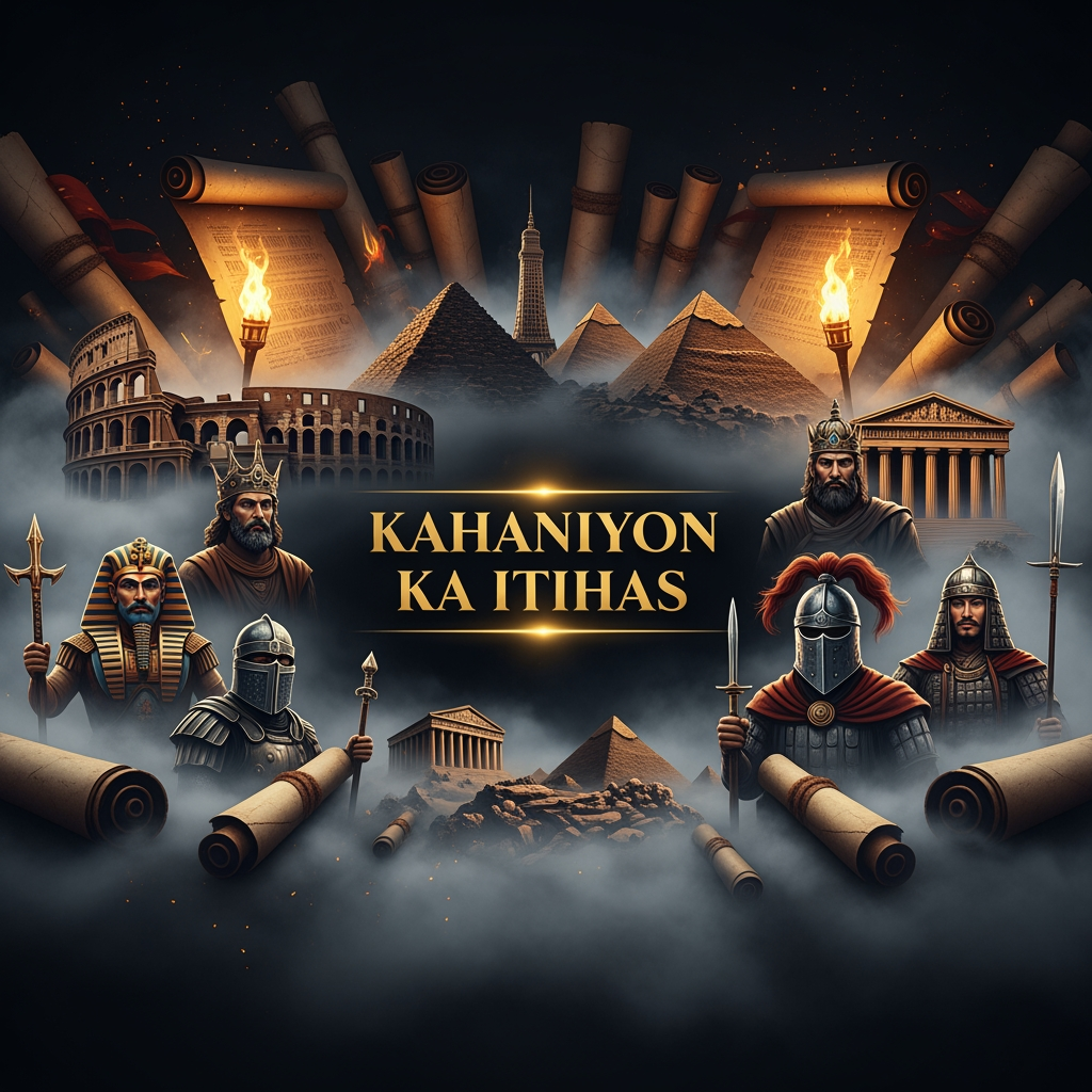 AI Design for Design a dark luxury YouTube banner for "Kahaniyon Ka Itihas". Background featuring ancient scrolls, historical monuments, mysterious fog, glowing torches, and legendary kings from different eras represented artistically. Elegant gold text in the center, cinematic shadows, premium black and gold theme, documentary channel aesthetic, ultra-realistic, high detail, professional YouTube banner, 16:9 composition, 4K resolution.