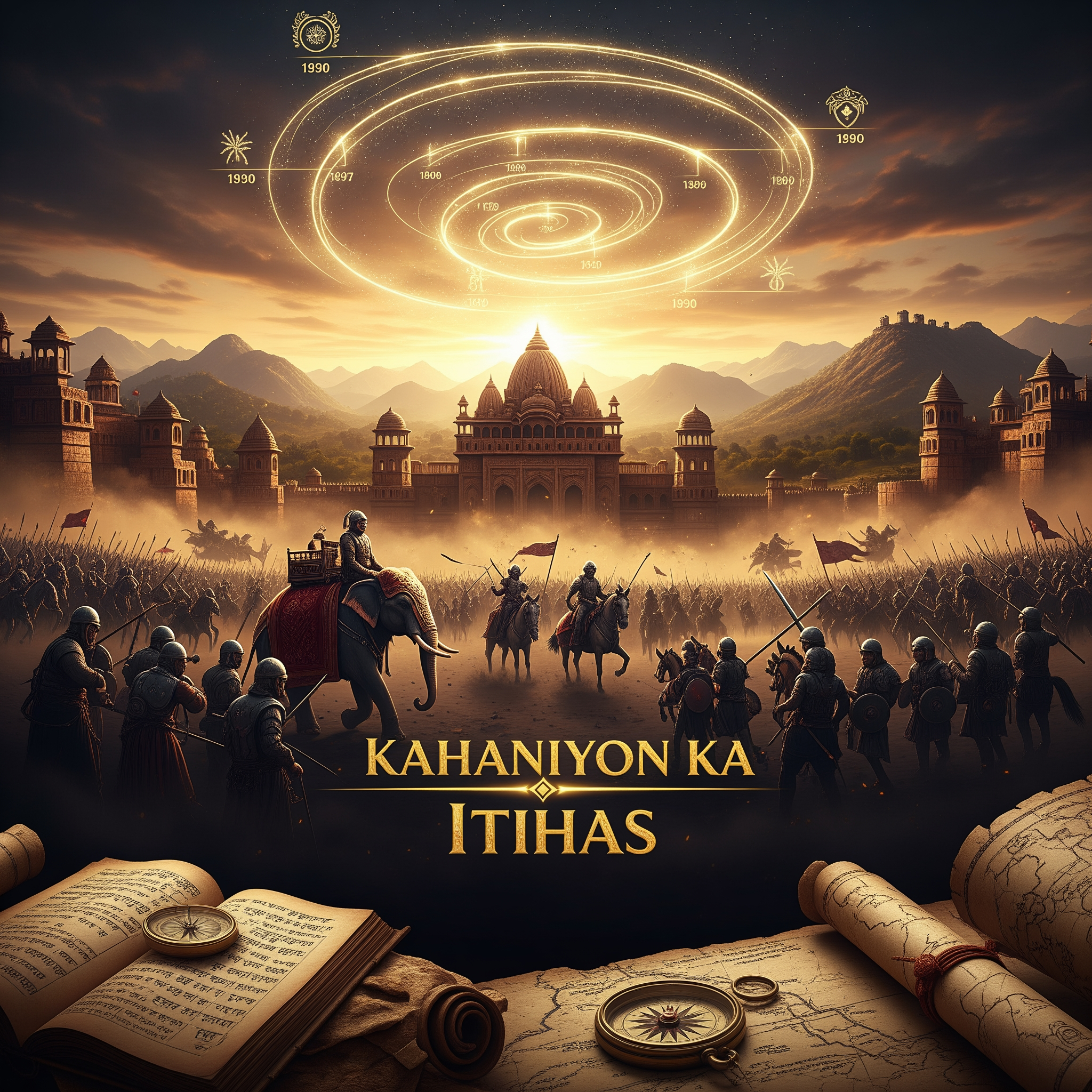 AI Design for Create a cinematic YouTube banner for the channel "Kahaniyon Ka Itihas". Showcase a grand historical landscape featuring ancient Indian forts, royal palaces, battle scenes, old manuscripts, maps, and a glowing timeline of history. Place the channel name "Kahaniyon Ka Itihas" prominently in the center with luxurious golden typography. Use dramatic lighting, rich maroon, black, and gold colors, epic storytelling atmosphere, ultra-detailed artwork, historical documentary style, professional YouTube branding, high contrast, 16:9 aspect ratio, 4K quality, visually stunning and engaging.