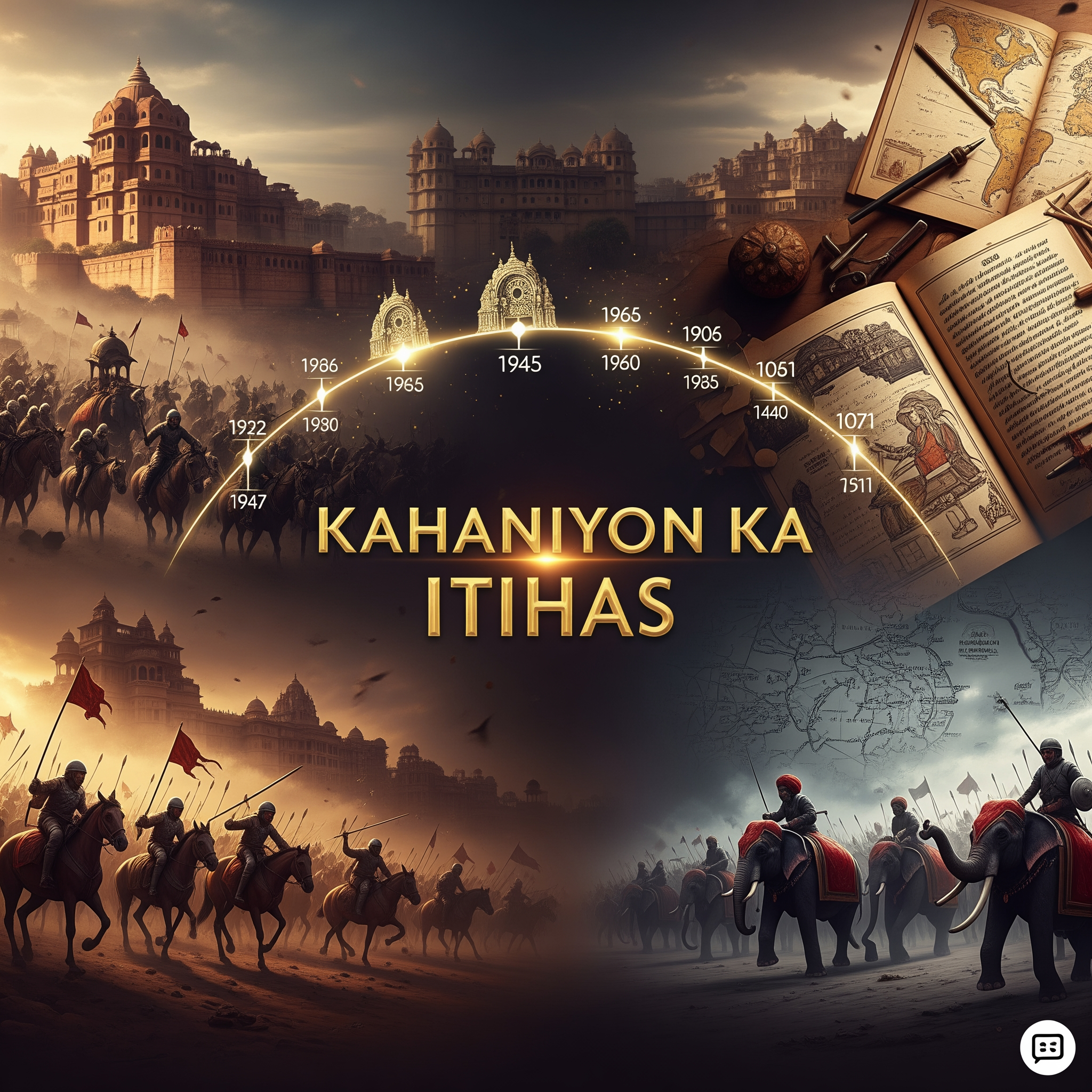 AI Design for Create a cinematic YouTube banner for the channel "Kahaniyon Ka Itihas". Showcase a grand historical landscape featuring ancient Indian forts, royal palaces, battle scenes, old manuscripts, maps, and a glowing timeline of history. Place the channel name "Kahaniyon Ka Itihas" prominently in the center with luxurious golden typography. Use dramatic lighting, rich maroon, black, and gold colors, epic storytelling atmosphere, ultra-detailed artwork, historical documentary style, professional YouTube branding, high contrast, 16:9 aspect ratio, 4K quality, visually stunning and engaging.