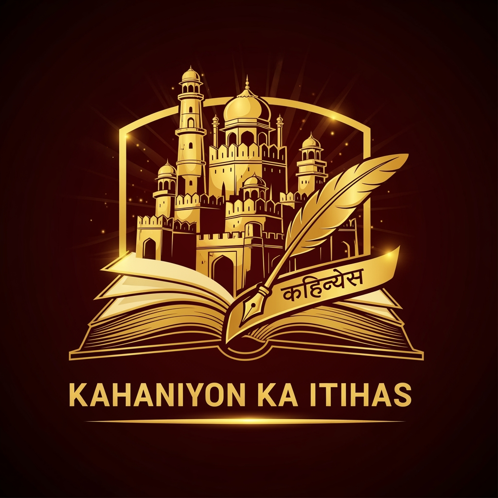 AI Design for Create a premium YouTube logo for "Kahaniyon Ka Itihas". Design a majestic golden emblem featuring an ancient open book merged with a historical fort silhouette and a vintage quill pen. Add subtle glowing effects, royal gold and deep maroon color palette, cinematic lighting, intricate historical details, elegant Hindi-inspired typography, professional branding style, highly detailed, modern yet historical look, vector quality, clean background, YouTube channel logo, 4K resolution.