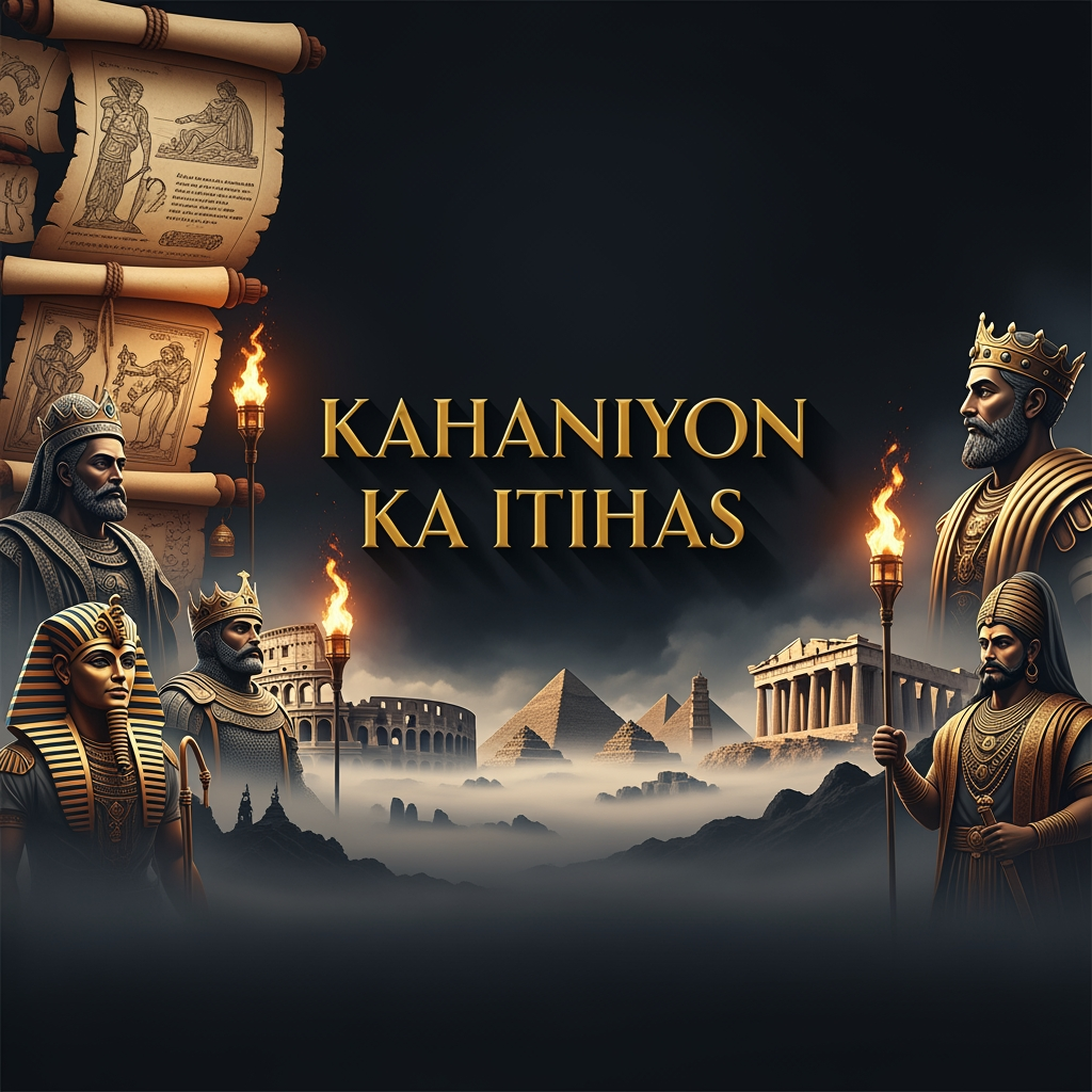 AI Design for Design a dark luxury YouTube banner for "Kahaniyon Ka Itihas". Background featuring ancient scrolls, historical monuments, mysterious fog, glowing torches, and legendary kings from different eras represented artistically. Elegant gold text in the center, cinematic shadows, premium black and gold theme, documentary channel aesthetic, ultra-realistic, high detail, professional YouTube banner, 16:9 composition, 4K resolution.