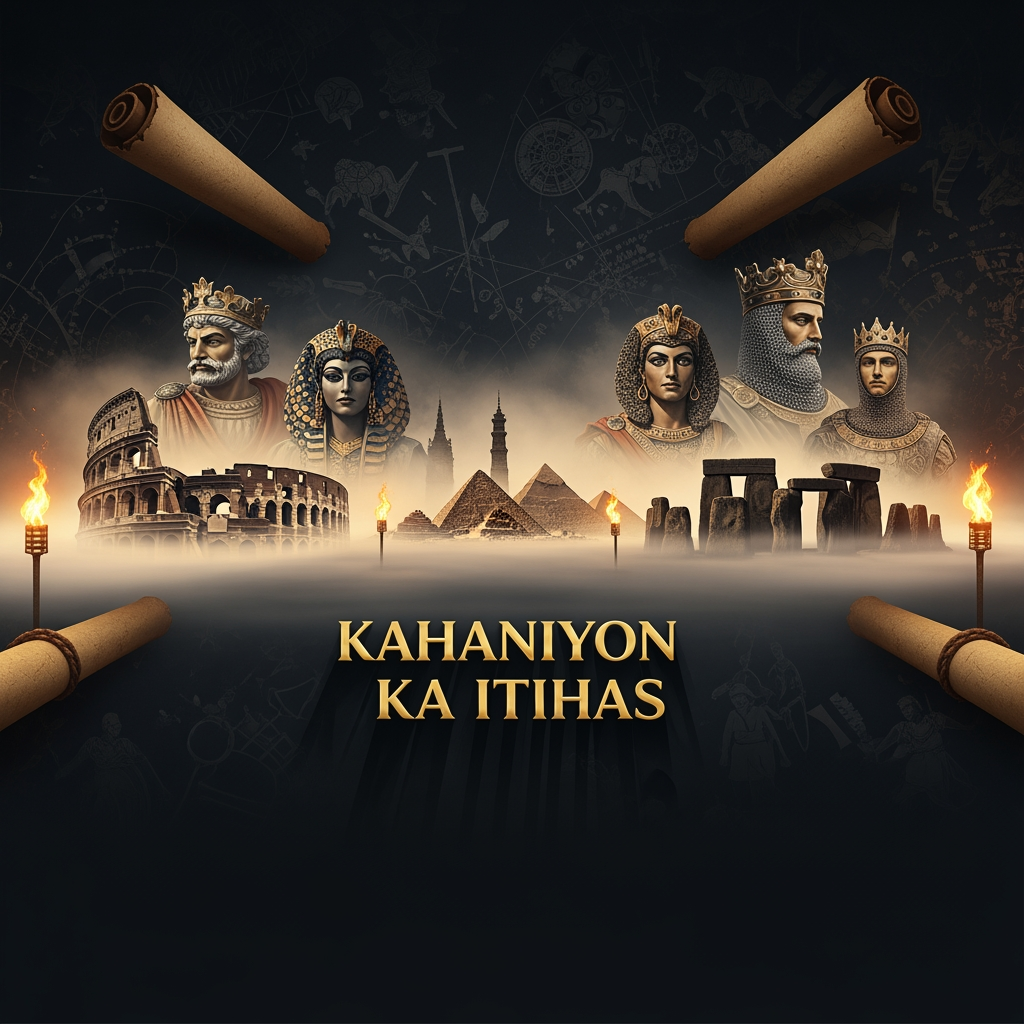 AI Design for Design a dark luxury YouTube banner for "Kahaniyon Ka Itihas". Background featuring ancient scrolls, historical monuments, mysterious fog, glowing torches, and legendary kings from different eras represented artistically. Elegant gold text in the center, cinematic shadows, premium black and gold theme, documentary channel aesthetic, ultra-realistic, high detail, professional YouTube banner, 16:9 composition, 4K resolution.