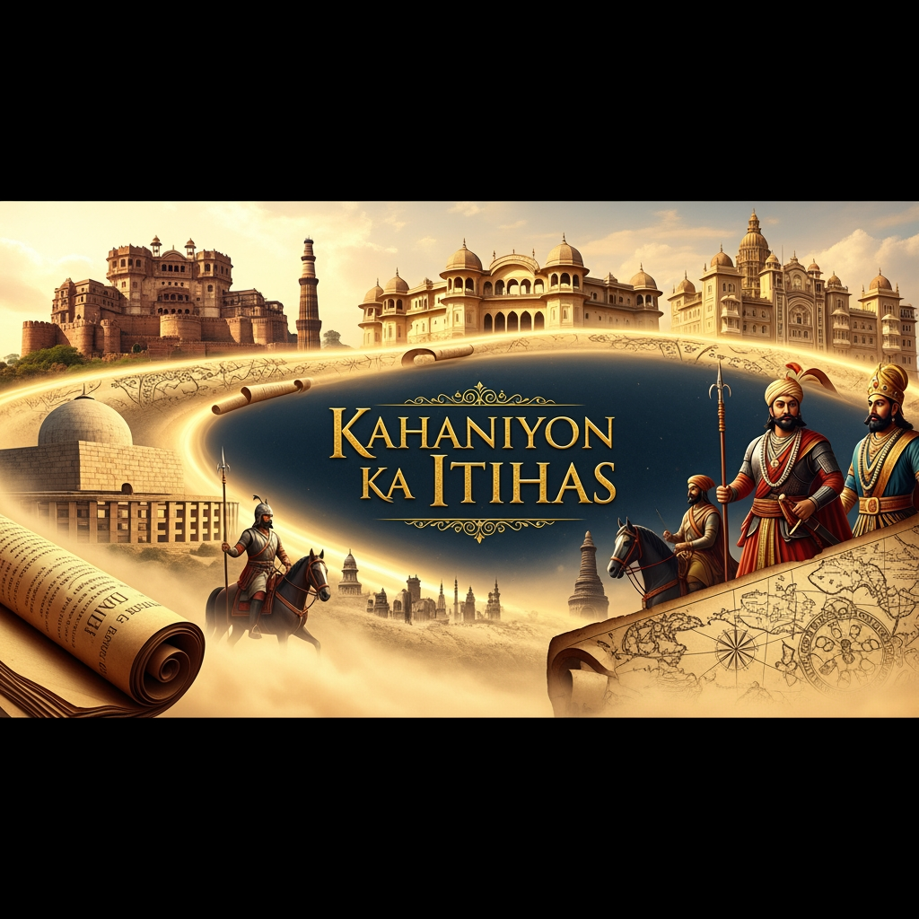 AI Design for Create a premium cinematic YouTube banner for the channel "Kahaniyon Ka Itihas" (Banner Size: 2560 × 1440 pixels, Aspect Ratio 16:9). Design an epic historical scene featuring majestic ancient Indian forts, royal palaces, old manuscripts, vintage maps, legendary warriors, kings, and historical landmarks emerging from a dramatic golden mist. Place the channel name "Kahaniyon Ka Itihas" prominently in the center safe area (1546 × 423 pixels) using luxurious royal gold typography with intricate historical detailing.

Use a rich color palette of black, deep maroon, antique gold, and bronze. Add cinematic lighting, glowing particles, parchment textures, ancient symbols, and subtle storytelling elements that represent the journey of history through time. The overall atmosphere should feel mysterious, powerful, educational, and premium, similar to a high-budget historical documentary. Ultra-detailed, professional YouTube branding, sharp focus, high contrast, realistic digital artwork, 4K quality, masterpiece, visually stunning, clean composition, no watermark, no clutter.