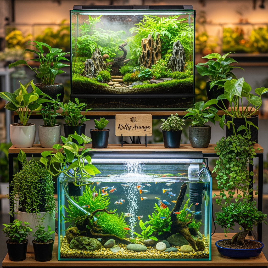 AI Design for Kutty Aranya, we are doing a terrerium, aquarerium and plants business