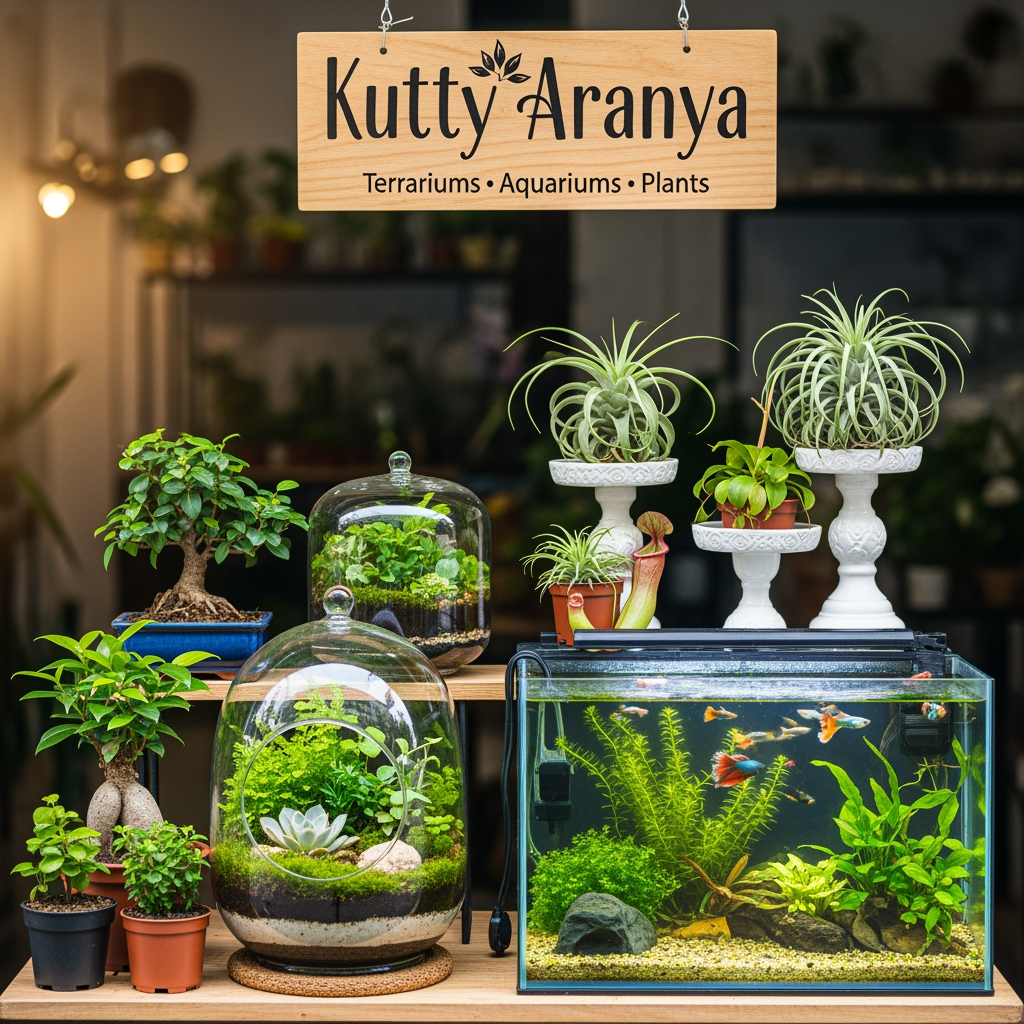 AI Design for Kutty Aranya, we are doing a terrerium, aquarerium and plants business