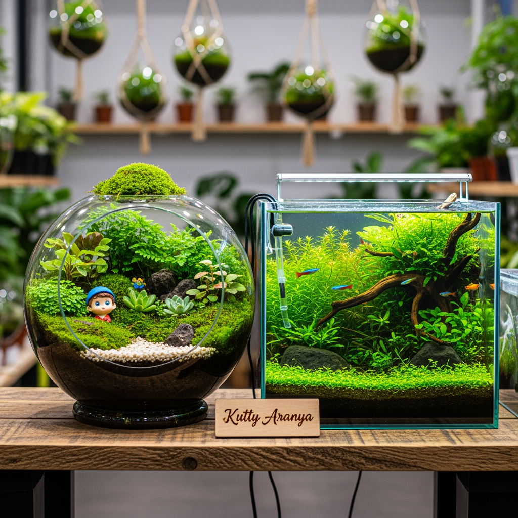 AI Design for Kutty Aranya, we are doing a terrerium, aquarerium and plants business