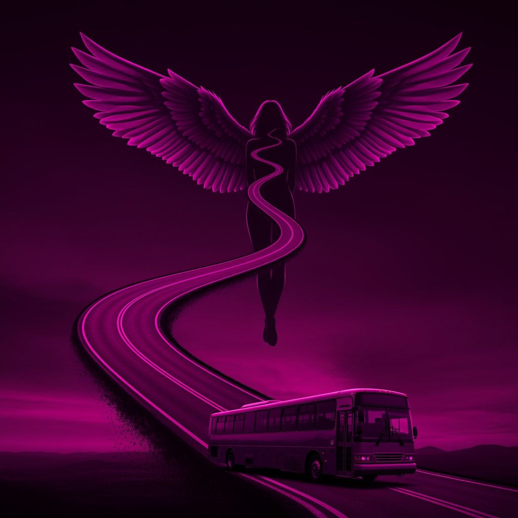 AI Design for first i need a artistic road in dark magenta starting from earth to sky turning into a woman with magestic wings like the road paves into a woman..and underneath there is a govt bus which is the reason behind this evolution theme is dark magenta and royal purple
