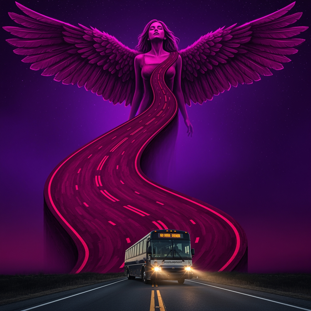 AI Design for first i need a artistic road in dark magenta starting from earth to sky turning into a woman with magestic wings like the road paves into a woman..and underneath there is a govt bus which is the reason behind this evolution theme is dark magenta and royal purple