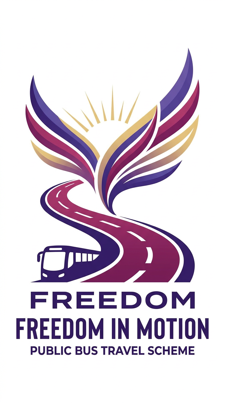 AI Design for Design a professional, modern vector logo for a government-sponsored free public bus travel scheme for women and transgender persons. The logo should symbolize dignity, empowerment, freedom of movement, inclusion, opportunity, and socio-economic progress—not charity, sympathy, or dependence.

The central concept is a road transforming into elegant wings of a woman. The road begins at the bottom as a clean transportation route with subtle lane markings and gradually evolves upward into stylized wings, symbolizing how mobility creates freedom and opportunity. The design should feel uplifting, confident, and forward-moving.

Use a minimal, memorable, competition-winning logo style with clean vector lines, balanced proportions, and strong visual impact. Avoid realistic illustrations, avoid feminine stereotypes, avoid helpless or dependent imagery, and avoid overly complex details. The logo must remain recognizable at small sizes and in black-and-white.

Color palette: royal purple, deep magenta, and subtle gold accents. Optional soft sunrise gradient for hope and progress. The overall feeling should be bold, inclusive, elegant, trustworthy, and government-friendly. make it subtle aesthetic

Professional vector logo, white background, flat design, scalable SVG style, award-winning branding, modern public service identity, clean geometric curves, high contrast, premium quality.