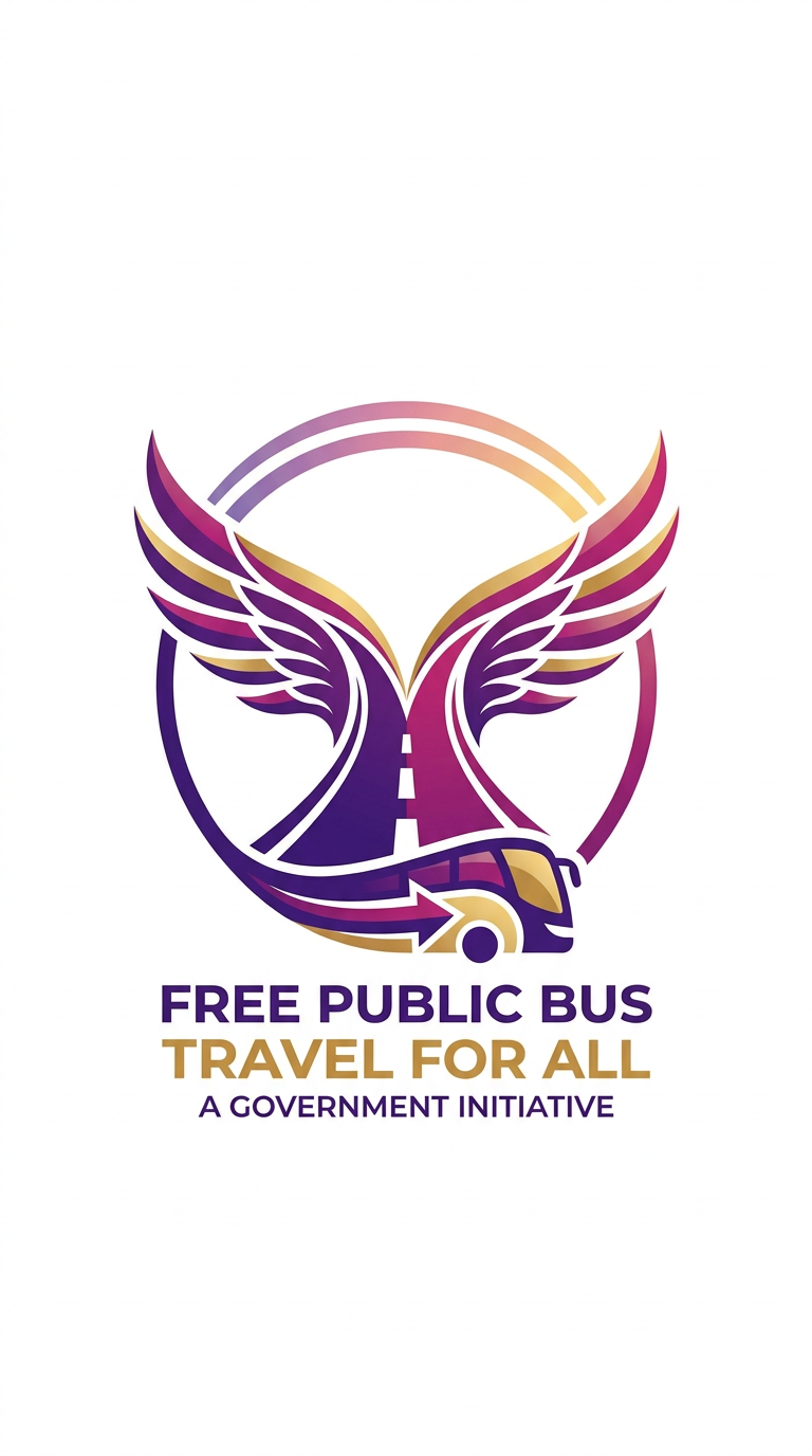 AI Design for Design a professional, modern vector logo for a government-sponsored free public bus travel scheme for women and transgender persons. The logo should symbolize dignity, empowerment, freedom of movement, inclusion, opportunity, and socio-economic progress—not charity, sympathy, or dependence.

The central concept is a road transforming into elegant wings. The road begins at the bottom as a clean transportation route with subtle lane markings and gradually evolves upward into stylized wings, symbolizing how mobility creates freedom and opportunity. The design should feel uplifting, confident, and forward-moving.

Use a minimal, memorable, competition-winning logo style with clean vector lines, balanced proportions, and strong visual impact. Avoid realistic illustrations, avoid feminine stereotypes, avoid helpless or dependent imagery, and avoid overly complex details. The logo must remain recognizable at small sizes and in black-and-white.

Color palette: royal purple, deep magenta, and subtle gold accents. Optional soft sunrise gradient for hope and progress. The overall feeling should be bold, inclusive, elegant, trustworthy, and government-friendly.

Professional vector logo, white background, flat design, scalable SVG style, award-winning branding, modern public service identity, clean geometric curves, high contrast, premium quality.