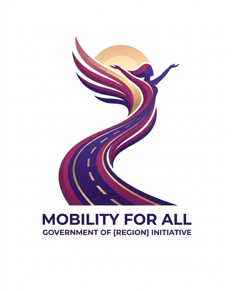 AI Design for Design a professional, modern vector logo for a government-sponsored free public bus travel scheme for women and transgender persons. The logo should symbolize dignity, empowerment, freedom of movement, inclusion, opportunity, and socio-economic progress—not charity, sympathy, or dependence.

The central concept is a road transforming into elegant wings of a woman. The road begins at the bottom as a clean transportation route with subtle lane markings and gradually evolves upward into stylized wings, symbolizing how mobility creates freedom and opportunity. The design should feel uplifting, confident, and forward-moving.

Use a minimal, memorable, competition-winning logo style with clean vector lines, balanced proportions, and strong visual impact. Avoid realistic illustrations, avoid feminine stereotypes, avoid helpless or dependent imagery, and avoid overly complex details. The logo must remain recognizable at small sizes and in black-and-white.

Color palette: royal purple, deep magenta, and subtle gold accents. Optional soft sunrise gradient for hope and progress. The overall feeling should be bold, inclusive, elegant, trustworthy, and government-friendly. make it subtle aesthetic

Professional vector logo, white background, flat design, scalable SVG style, award-winning branding, modern public service identity, clean geometric curves, high contrast, premium quality.