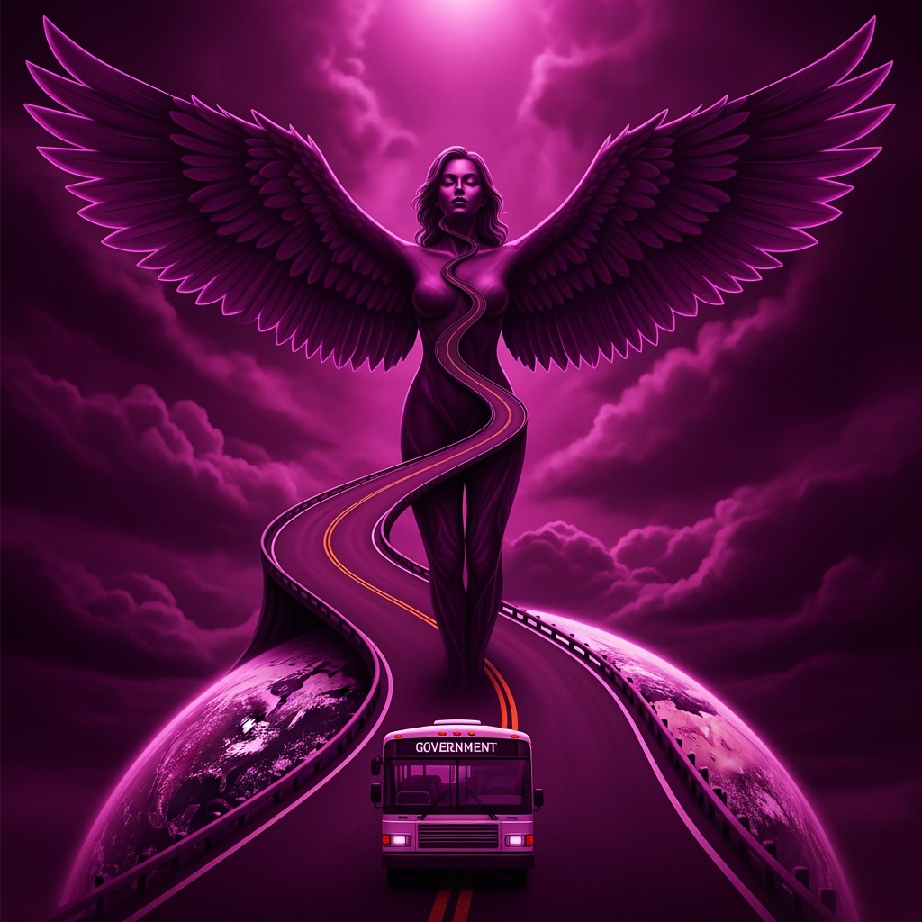 AI Design for first i need a artistic road in dark magenta starting from earth to sky turning into a woman with magestic wings like the road paves into a woman..and underneath there is a govt bus which is the reason behind this evolution theme is dark magenta and royal purple