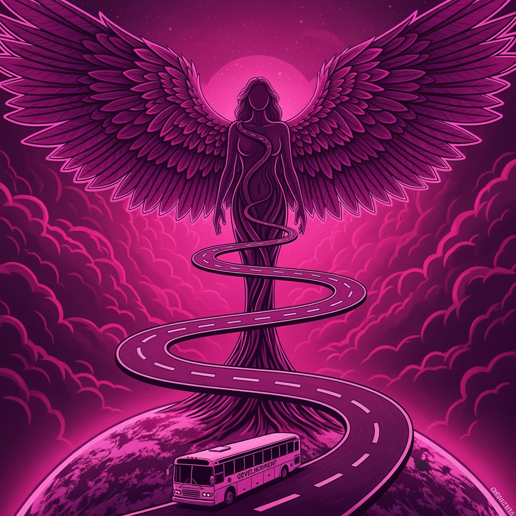 AI Design for first i need a artistic road in dark magenta starting from earth to sky turning into a woman with magestic wings like the road paves into a woman..and underneath there is a govt bus which is the reason behind this evolution theme is dark magenta and royal purple