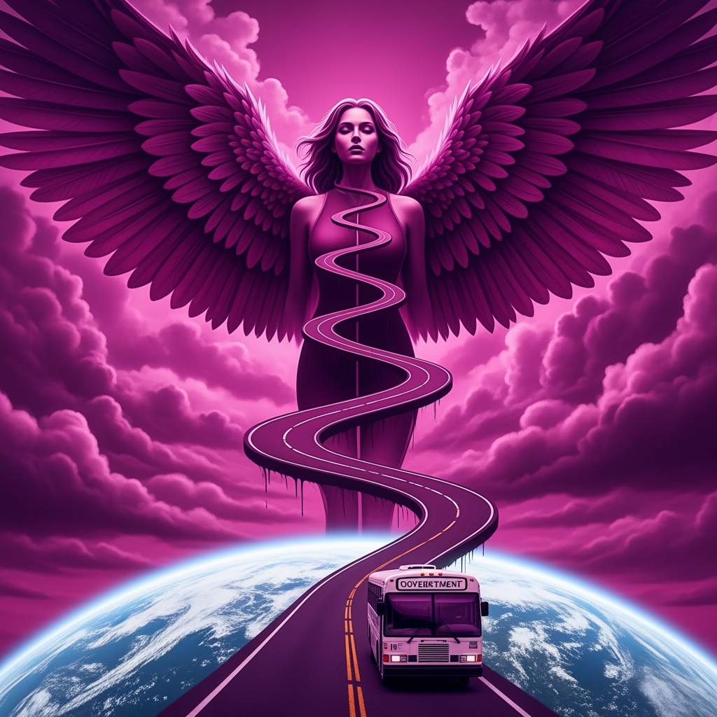 AI Design for first i need a artistic road in dark magenta starting from earth to sky turning into a woman with magestic wings like the road paves into a woman..and underneath there is a govt bus which is the reason behind this evolution theme is dark magenta and royal purple