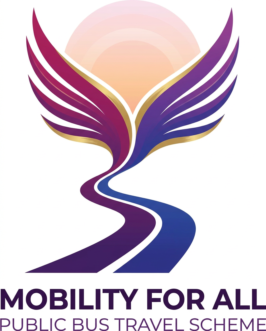 AI Design for Design a professional, modern vector logo for a government-sponsored free public bus travel scheme for women and transgender persons. The logo should symbolize dignity, empowerment, freedom of movement, inclusion, opportunity, and socio-economic progress—not charity, sympathy, or dependence.

The central concept is a road transforming into elegant wings of a woman. The road begins at the bottom as a clean transportation route with subtle lane markings and gradually evolves upward into stylized wings, symbolizing how mobility creates freedom and opportunity. The design should feel uplifting, confident, and forward-moving.

Use a minimal, memorable, competition-winning logo style with clean vector lines, balanced proportions, and strong visual impact. Avoid realistic illustrations, avoid feminine stereotypes, avoid helpless or dependent imagery, and avoid overly complex details. The logo must remain recognizable at small sizes and in black-and-white.

Color palette: royal purple, deep magenta, and subtle gold accents. Optional soft sunrise gradient for hope and progress. The overall feeling should be bold, inclusive, elegant, trustworthy, and government-friendly. make it subtle aesthetic

Professional vector logo, white background, flat design, scalable SVG style, award-winning branding, modern public service identity, clean geometric curves, high contrast, premium quality.