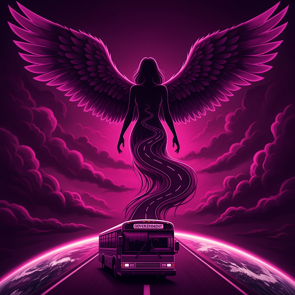 AI Design for first i need a artistic road in dark magenta starting from earth to sky turning into a woman with magestic wings like the road paves into a woman..and underneath there is a govt bus which is the reason behind this evolution theme is dark magenta and royal purple