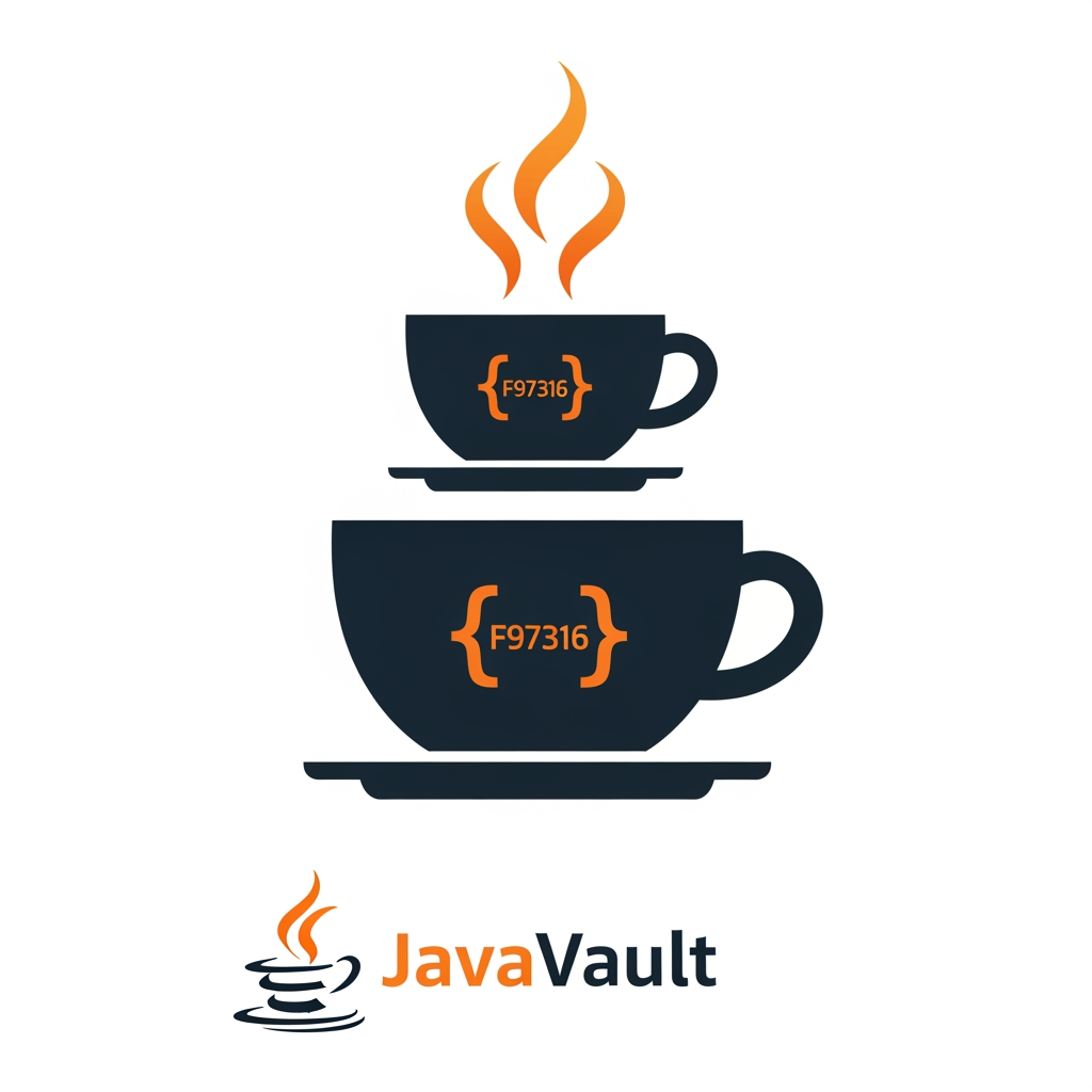 AI Design for A professional flat vector logo for "JavaVault" — a Java programming learning platform.

Design: A minimalist coffee cup (espresso/cappuccino style) on a saucer. 
The cup body is dark charcoal (#1C2333). On the front face of the cup, 
the symbol { } (curly braces) is printed in orange (#F97316) — bold, 
clean, centered, easily readable. Above the cup, two flowing steam wisps 
rise upward, each steam wisp is shaped like a single curly brace { } — 
organic, flowing, but clearly identifiable as code brackets. The steam 
color transitions from orange (#F97316) at the base to a lighter amber 
(#FBBF24) at the tips.

Style: Flat vector, no gradients on the cup, no drop shadows, no outlines, 
no 3D. Clean geometric shapes. Professional icon style.

Color palette:
- Cup + saucer: #1C2333 (very dark navy-charcoal)
- Curly braces on cup: #F97316 (orange)
- Steam wisps: #F97316 to #FBBF24 (orange to amber)
- Background: Pure white #FFFFFF

Show TWO versions stacked vertically:
1. TOP — Icon only (square 1:1 format). Cup + saucer + { } on cup + 
   two { } shaped steam wisps. Suitable for favicon at 32px.
2. BOTTOM — Icon + horizontal wordmark. Same icon on the left. 
   To the right: text "Java" in bold orange #F97316 followed immediately 
   by "Vault" in bold dark #1C2333. Font: geometric sans-serif, 
   similar to Inter Black or Geist Bold. No space between Java and Vault.

The icon must be recognizable and clean at 32x32px (favicon size). 
No decorative elements. No badges. No extra icons. Pure flat design. 
White background only.