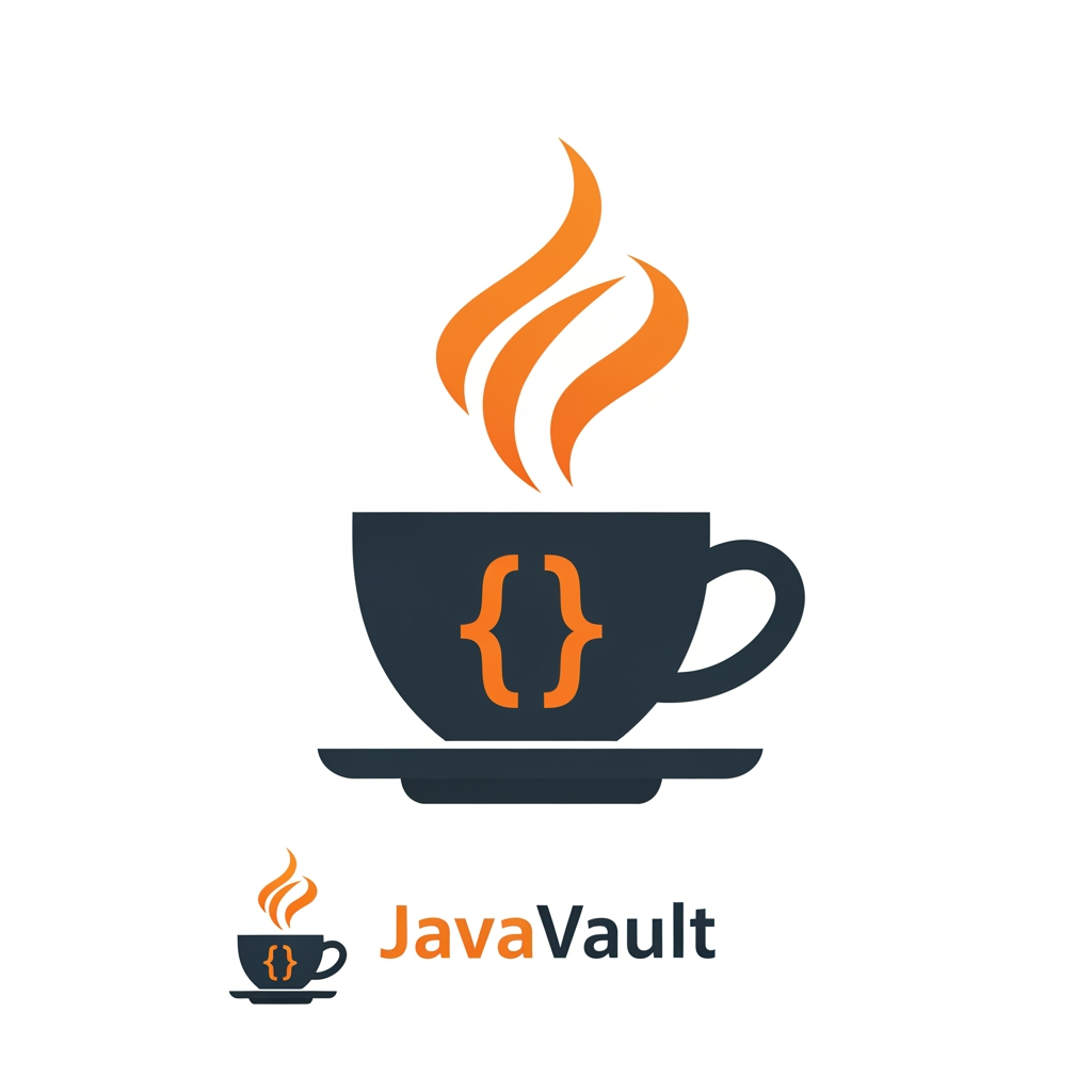 AI Design for A professional flat vector logo for "JavaVault" — a Java programming learning platform.

Design: A minimalist coffee cup (espresso/cappuccino style) on a saucer. 
The cup body is dark charcoal (#1C2333). On the front face of the cup, 
the symbol { } (curly braces) is printed in orange (#F97316) — bold, 
clean, centered, easily readable. Above the cup, two flowing steam wisps 
rise upward, each steam wisp is shaped like a single curly brace { } — 
organic, flowing, but clearly identifiable as code brackets. The steam 
color transitions from orange (#F97316) at the base to a lighter amber 
(#FBBF24) at the tips.

Style: Flat vector, no gradients on the cup, no drop shadows, no outlines, 
no 3D. Clean geometric shapes. Professional icon style.

Color palette:
- Cup + saucer: #1C2333 (very dark navy-charcoal)
- Curly braces on cup: #F97316 (orange)
- Steam wisps: #F97316 to #FBBF24 (orange to amber)
- Background: Pure white #FFFFFF

Show TWO versions stacked vertically:
1. TOP — Icon only (square 1:1 format). Cup + saucer + { } on cup + 
   two { } shaped steam wisps. Suitable for favicon at 32px.
2. BOTTOM — Icon + horizontal wordmark. Same icon on the left. 
   To the right: text "Java" in bold orange #F97316 followed immediately 
   by "Vault" in bold dark #1C2333. Font: geometric sans-serif, 
   similar to Inter Black or Geist Bold. No space between Java and Vault.

The icon must be recognizable and clean at 32x32px (favicon size). 
No decorative elements. No badges. No extra icons. Pure flat design. 
White background only.