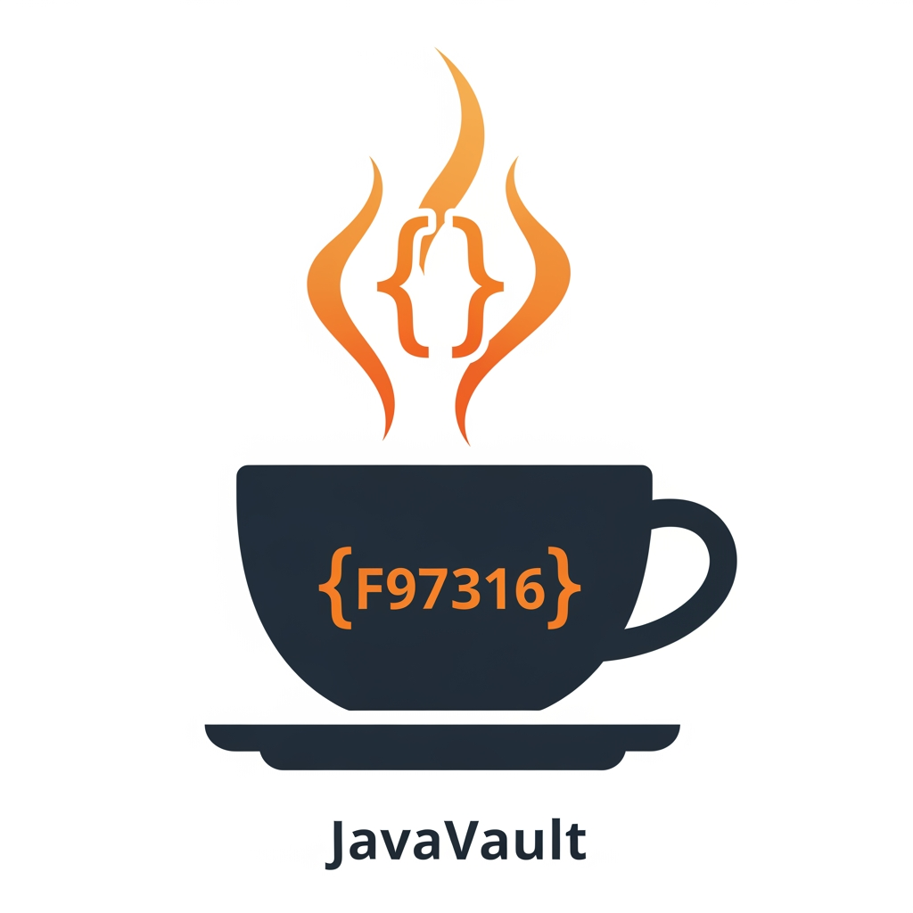 AI Design for A professional minimalist app logo for "JavaVA professional flat vector logo for "JavaVault" — a Java programming learning platform.

Design: A minimalist coffee cup (espresso/cappuccino style) on a saucer. 
The cup body is dark charcoal (#1C2333). On the front face of the cup, 
the symbol { } (curly braces) is printed in orange (#F97316) — bold, 
clean, centered, easily readable. Above the cup, two flowing steam wisps 
rise upward, each steam wisp is shaped like a single curly brace { } — 
organic, flowing, but clearly identifiable as code brackets. The steam 
color transitions from orange (#F97316) at the base to a lighter amber 
(#FBBF24) at the tips.

Style: Flat vector, no gradients on the cup, no drop shadows, no outlines, 
no 3D. Clean geometric shapes. Professional icon style.

Color palette:
- Cup + saucer: #1C2333 (very dark navy-charcoal)
- Curly braces on cup: #F97316 (orange)
- Steam wisps: #F97316 to #FBBF24 (orange to amber)
- Background: Pure white #FFFFFF

Show TWO versions stacked vertically:
1. TOP — Icon only (square 1:1 format). Cup + saucer + { } on cup + 
   two { } shaped steam wisps. Suitable for favicon at 32px.
2. BOTTOM — Icon + horizontal wordmark. Same icon on the left. 
   To the right: text "Java" in bold orange #F97316 followed immediately 
   by "Vault" in bold dark #1C2333. Font: geometric sans-serif, 
   similar to Inter Black or Geist Bold. No space between Java and Vault.

The icon must be recognizable and clean at 32x32px (favicon size). 
No decorative elements. No badges. No extra icons. Pure flat design. 
White background only.
ault" on a pure white background.

Design concept: A stylized coffee cup where the steam rising from the top is shaped like curly braces { }. The cup is clean and flat with no gradients on the cup body itself — solid dark charcoal (#2D3748) silhouette. The two curly brace steam wisps { } are drawn in a warm orange color (#F97316) rising elegantly above the cup rim, slightly organic and flowing to simulate steam movement, but clearly recognizable as code curly braces.

Style: Flat vector icon, minimal, modern, no shadows, no outlines, no 3D effects. Clean geometric shapes. Professional SaaS app icon style similar to Notion, Linear, or Vercel icon design language.

Color palette: 
- Cup body: Deep charcoal #1C1917 or #292524
- Steam curly braces: Vibrant orange #F97316
- Background: Pure white #FFFFFF
- No other colors

Show two versions side by side:
1. Icon only (square format, suitable for favicon/app icon)
2. Icon + wordmark: The icon on the left, then the text "Java" in orange #F97316 bold weight, followed by "Vault" in dark charcoal #1C1917 bold weight. Font should be clean, modern, geometric sans-serif similar to Inter or Geist.

The overall feel should be: developer-first, clean, iconic, memorable. NOT cartoonish. NOT gradients. Think icon that would look great at 32x32px on a browser tab and also at 200px in a navbar.

No decorative elements, no badges, no background colors, no drop shadows. Pure flat design.