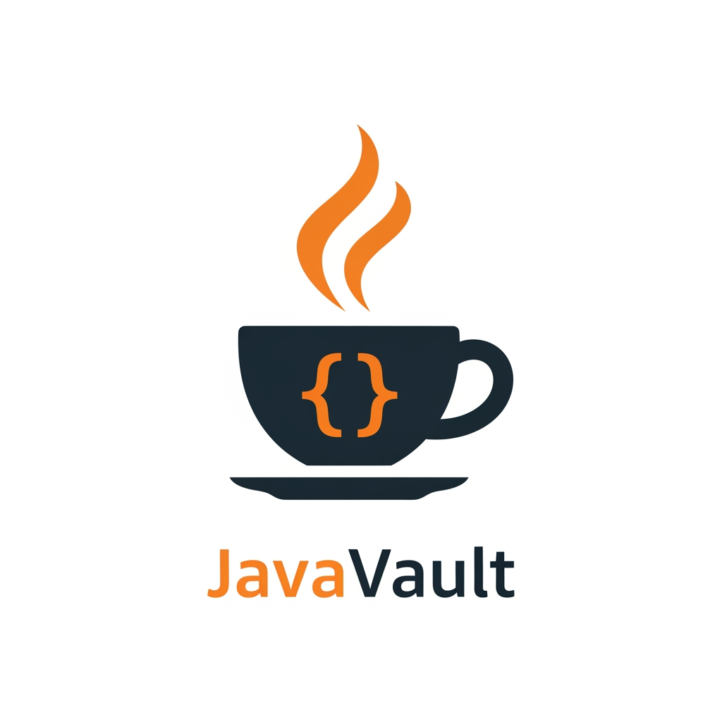 AI Design for A professional minimalist app logo for "JavaVault" on a pure white background.

Design concept: A stylized coffee cup where the steam rising from the top is shaped like curly braces { }. The cup is clean and flat with no gradients on the cup body itself — solid dark charcoal (#2D3748) silhouette. The two curly brace steam wisps { } are drawn in a warm orange color (#F97316) rising elegantly above the cup rim, slightly organic and flowing to simulate steam movement, but clearly recognizable as code curly braces.

Style: Flat vector icon, minimal, modern, no shadows, no outlines, no 3D effects. Clean geometric shapes. Professional SaaS app icon style similar to Notion, Linear, or Vercel icon design language.

Color palette: 
- Cup body: Deep charcoal #1C1917 or #292524
- Steam curly braces: Vibrant orange #F97316
- Background: Pure white #FFFFFF
- No other colors

Show two versions side by side:
1. Icon only (square format, suitable for favicon/app icon)
2. Icon + wordmark: The icon on the left, then the text "Java" in orange #F97316 bold weight, followed by "Vault" in dark charcoal #1C1917 bold weight. Font should be clean, modern, geometric sans-serif similar to Inter or Geist.

The overall feel should be: developer-first, clean, iconic, memorable. NOT cartoonish. NOT gradients. Think icon that would look great at 32x32px on a browser tab and also at 200px in a navbar.

No decorative elements, no badges, no background colors, no drop shadows. Pure flat design.