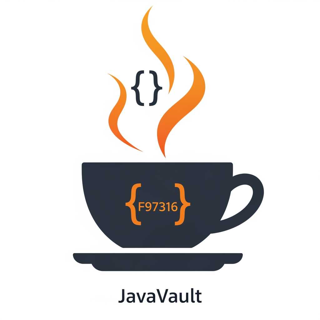 AI Design for A professional minimalist app logo for "JavaVA professional flat vector logo for "JavaVault" — a Java programming learning platform.

Design: A minimalist coffee cup (espresso/cappuccino style) on a saucer. 
The cup body is dark charcoal (#1C2333). On the front face of the cup, 
the symbol { } (curly braces) is printed in orange (#F97316) — bold, 
clean, centered, easily readable. Above the cup, two flowing steam wisps 
rise upward, each steam wisp is shaped like a single curly brace { } — 
organic, flowing, but clearly identifiable as code brackets. The steam 
color transitions from orange (#F97316) at the base to a lighter amber 
(#FBBF24) at the tips.

Style: Flat vector, no gradients on the cup, no drop shadows, no outlines, 
no 3D. Clean geometric shapes. Professional icon style.

Color palette:
- Cup + saucer: #1C2333 (very dark navy-charcoal)
- Curly braces on cup: #F97316 (orange)
- Steam wisps: #F97316 to #FBBF24 (orange to amber)
- Background: Pure white #FFFFFF

Show TWO versions stacked vertically:
1. TOP — Icon only (square 1:1 format). Cup + saucer + { } on cup + 
   two { } shaped steam wisps. Suitable for favicon at 32px.
2. BOTTOM — Icon + horizontal wordmark. Same icon on the left. 
   To the right: text "Java" in bold orange #F97316 followed immediately 
   by "Vault" in bold dark #1C2333. Font: geometric sans-serif, 
   similar to Inter Black or Geist Bold. No space between Java and Vault.

The icon must be recognizable and clean at 32x32px (favicon size). 
No decorative elements. No badges. No extra icons. Pure flat design. 
White background only.
ault" on a pure white background.

Design concept: A stylized coffee cup where the steam rising from the top is shaped like curly braces { }. The cup is clean and flat with no gradients on the cup body itself — solid dark charcoal (#2D3748) silhouette. The two curly brace steam wisps { } are drawn in a warm orange color (#F97316) rising elegantly above the cup rim, slightly organic and flowing to simulate steam movement, but clearly recognizable as code curly braces.

Style: Flat vector icon, minimal, modern, no shadows, no outlines, no 3D effects. Clean geometric shapes. Professional SaaS app icon style similar to Notion, Linear, or Vercel icon design language.

Color palette: 
- Cup body: Deep charcoal #1C1917 or #292524
- Steam curly braces: Vibrant orange #F97316
- Background: Pure white #FFFFFF
- No other colors

Show two versions side by side:
1. Icon only (square format, suitable for favicon/app icon)
2. Icon + wordmark: The icon on the left, then the text "Java" in orange #F97316 bold weight, followed by "Vault" in dark charcoal #1C1917 bold weight. Font should be clean, modern, geometric sans-serif similar to Inter or Geist.

The overall feel should be: developer-first, clean, iconic, memorable. NOT cartoonish. NOT gradients. Think icon that would look great at 32x32px on a browser tab and also at 200px in a navbar.

No decorative elements, no badges, no background colors, no drop shadows. Pure flat design.